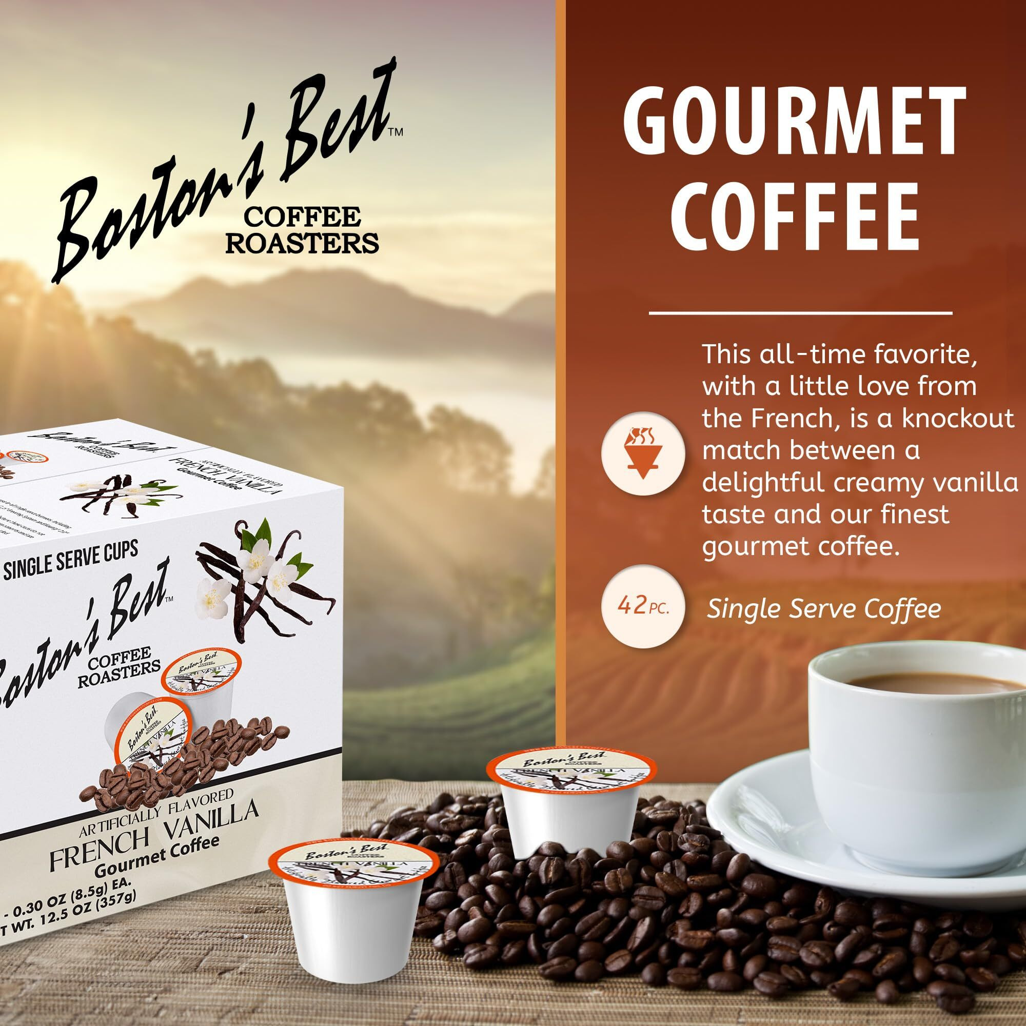 Bostons Best Gourmet Coffee - French Vanilla Flavored Coffee - Medium Roast - Single Serve Coffee Pods, Compatible With Keurig Brewers - 42 Pods