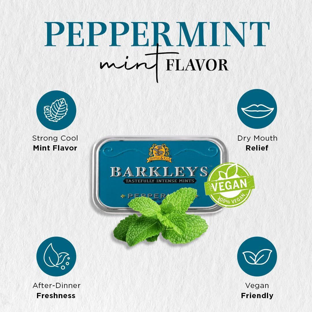 Barkleys Peppermint Breath Mints - Breath Mint, Mints Travel Size, After Dinner Mints, Peppermints Breath Freshener, Peppermint Candy In Reusable Classic Travel Tins - Vegan, 50-Count, 1-Pack