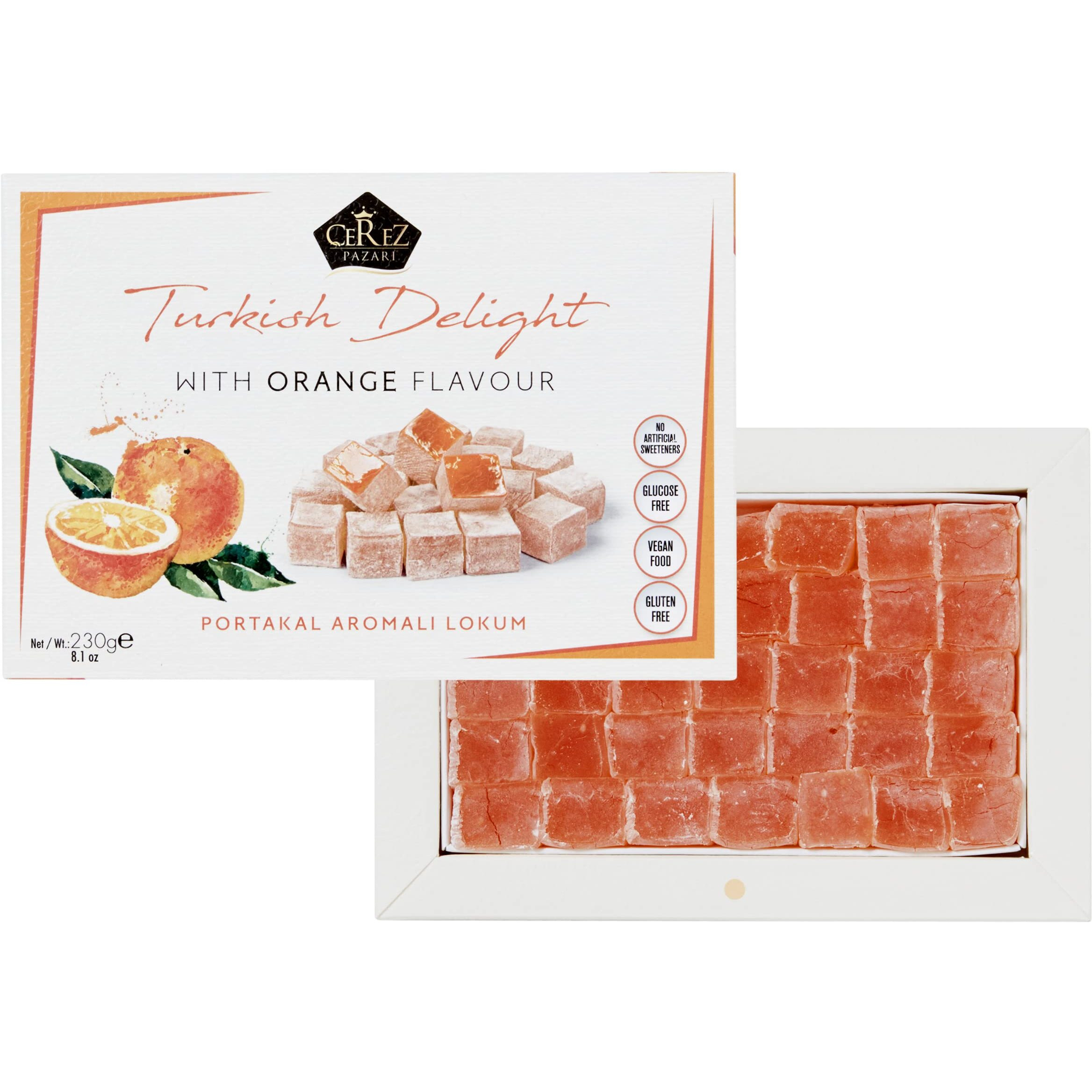 Cerez Pazari Turkish Delight With Orange Flavour 8.1 Oz Gourmet Small Size Snacks Gift Box | No Nuts Sweet Traditional Confectionery Vegan Soft Candy Dessert Glucose Free Lokum -Loukoumi Approx.40Pcs