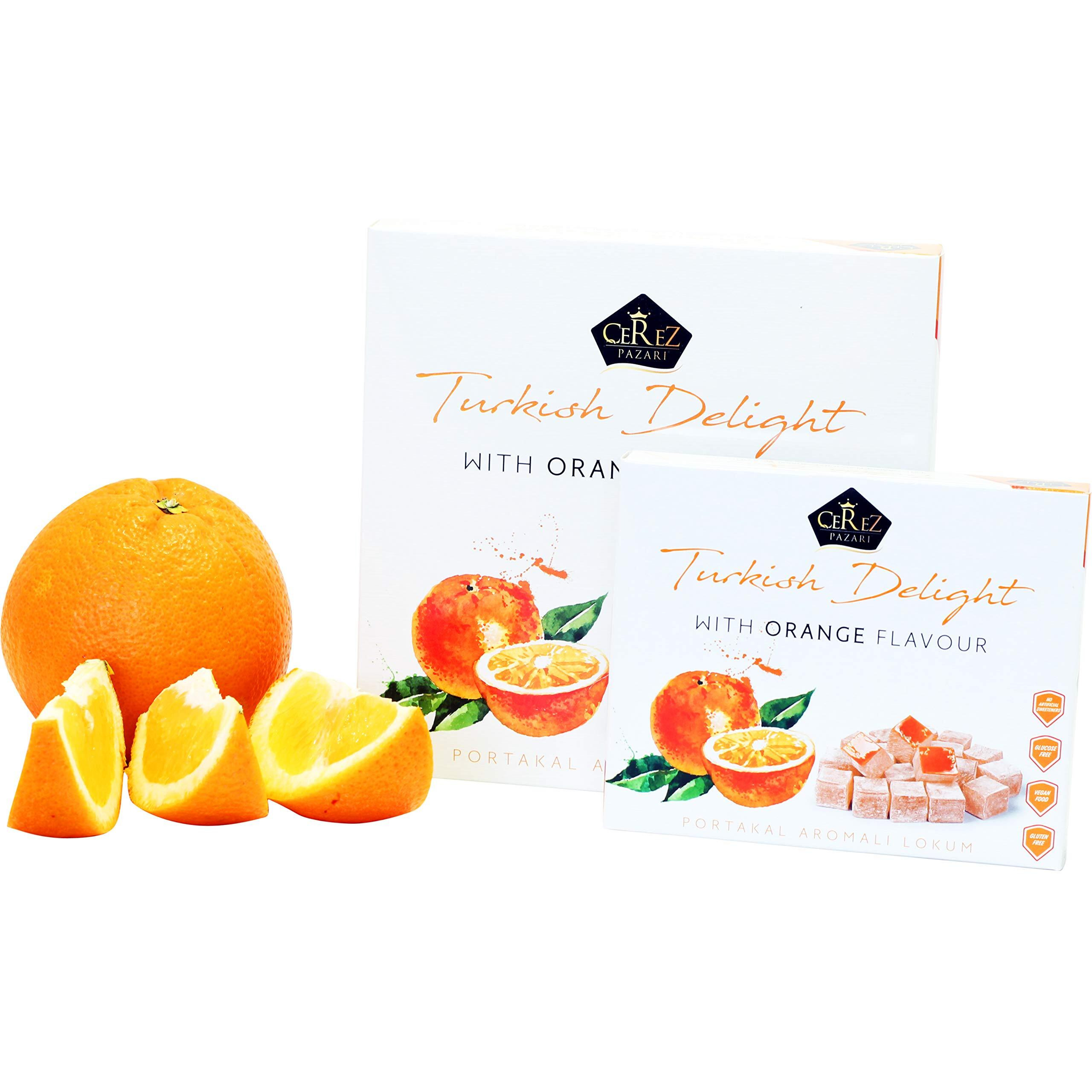Cerez Pazari Turkish Delight With Orange Flavour 8.1 Oz Gourmet Small Size Snacks Gift Box | No Nuts Sweet Traditional Confectionery Vegan Soft Candy Dessert Glucose Free Lokum -Loukoumi Approx.40Pcs