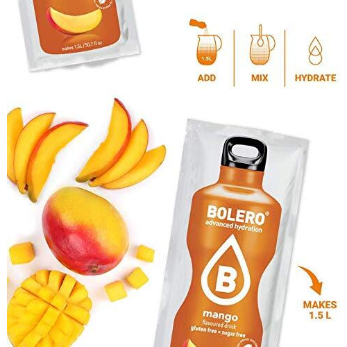 Bolero - Mango Flavored, Sugar Free And Low Calorie Powdered Drink Mix, Makes 1/2 Gallon For Strong Flavor Or 1 Gallon For Mild Flavor, 12 Large Sachets - Europe's Favorite Drink Mix