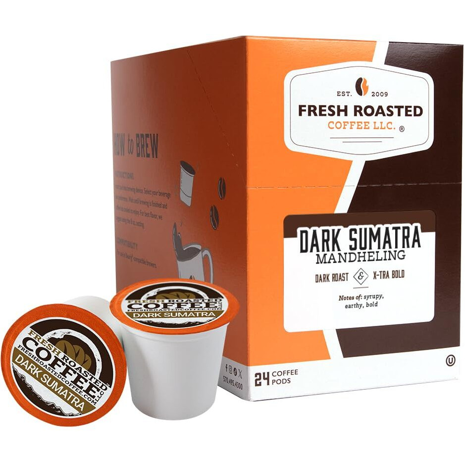 Fresh Roasted Coffee,100% Dark Sumatra Mandheling | Single Origin | Dark Roast | Kosher | K-Cup Compatible | 24 Pods