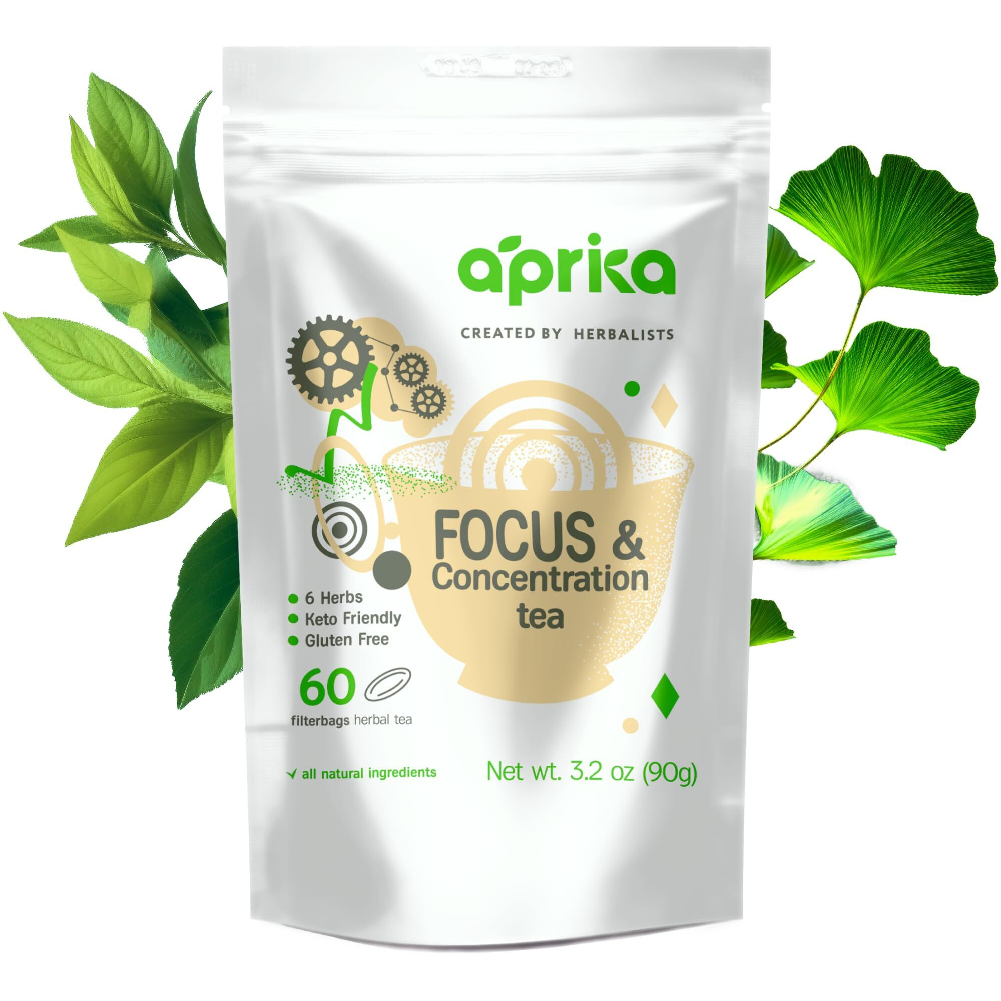 Aprikalife - Focus And Concentration Herbal Tea 100% Natural Herbal Tea Created By Herbalists - Yerba-Mate, Lemon Balm, Ginko Biloba, Thyme, Rosemary. Improves Attention & Energy - 60 Bags