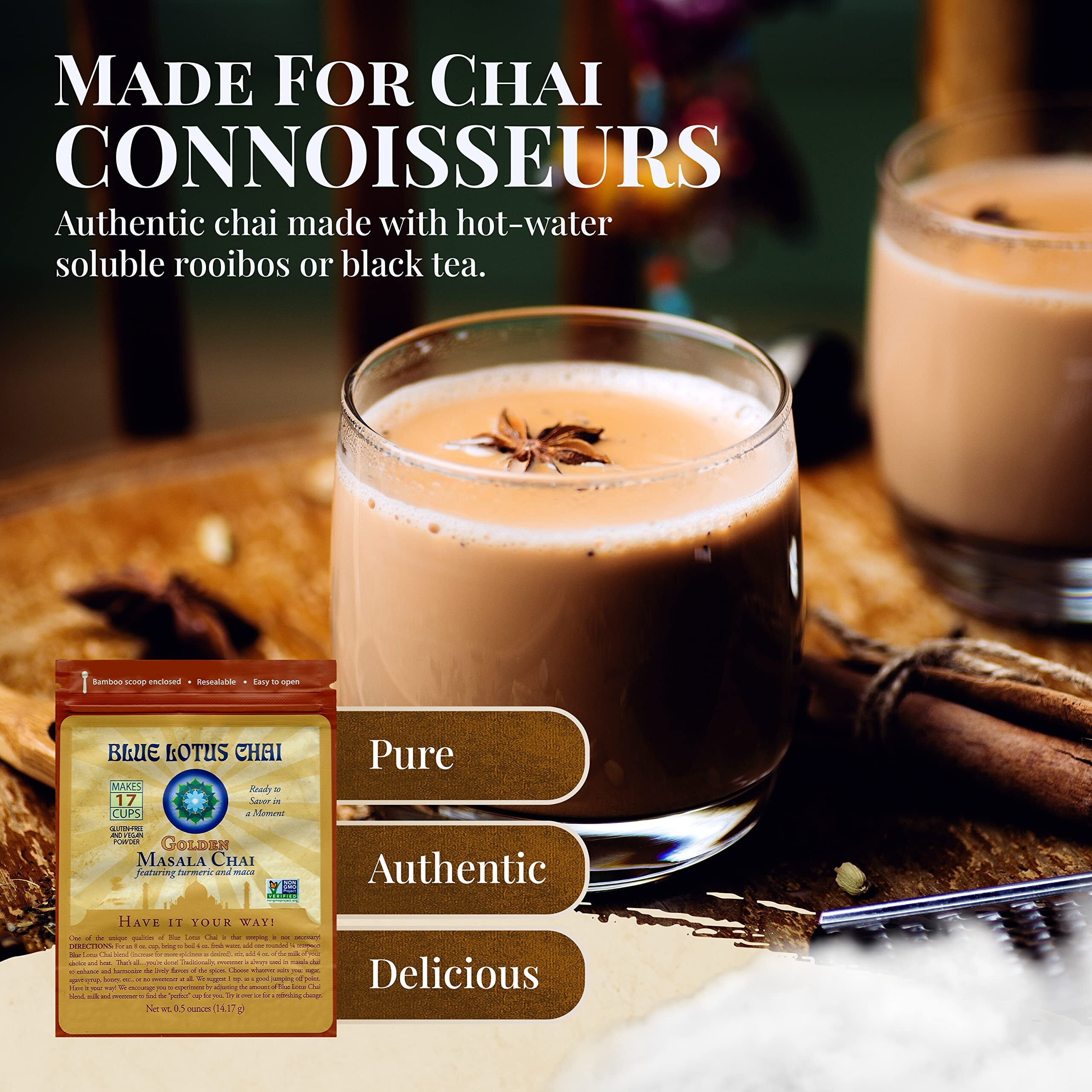 Blue Lotus Chai - Golden Masala Flavor Chai - Makes 17 Cups - 0.5 Ounce Masala Spiced Chai Powder With Organic Spices - Instant Indian Tea No Steeping - No Gluten
