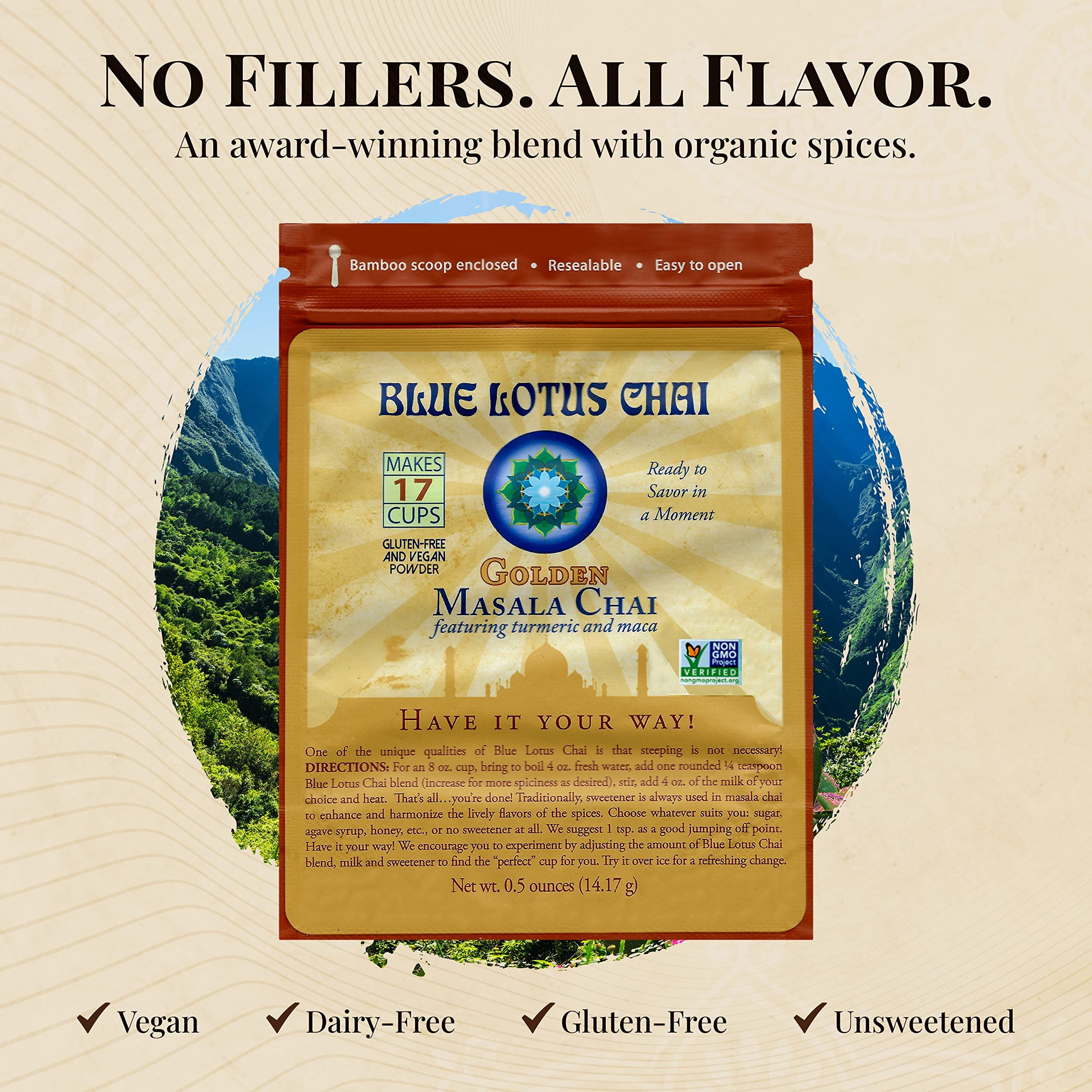 Blue Lotus Chai - Golden Masala Flavor Chai - Makes 17 Cups - 0.5 Ounce Masala Spiced Chai Powder With Organic Spices - Instant Indian Tea No Steeping - No Gluten