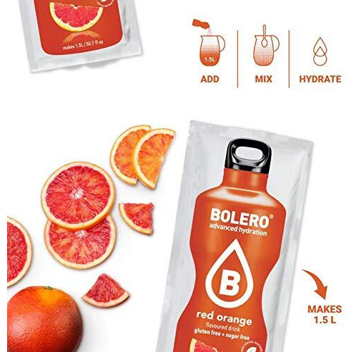 Bolero - Red Orange Flavored, Sugar Free And Low Calorie Powdered Drink Mix, Makes 1/2 Gallon For Strong Flavor Or 1 Gallon For Mild Flavor, 12 Large Sachets - Europe's Favorite Drink Mix
