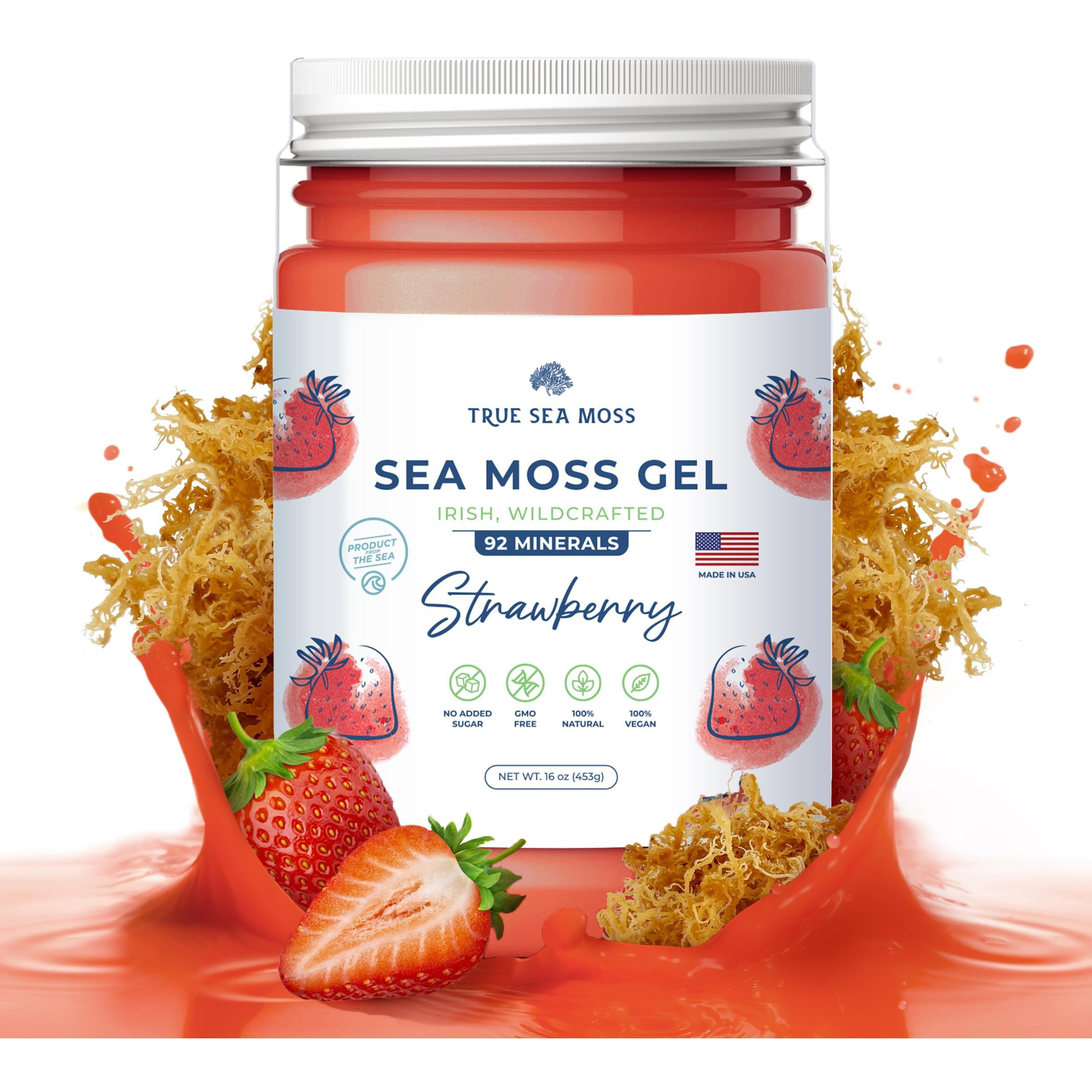 Trueseamoss Wildcrafted Irish Sea Moss Gel - Made With Dried Seaweed - Seamoss, Vegan-Friendly, Antioxidant Supports Digestion - Made In Usa (Strawberry, Pack Of 1)