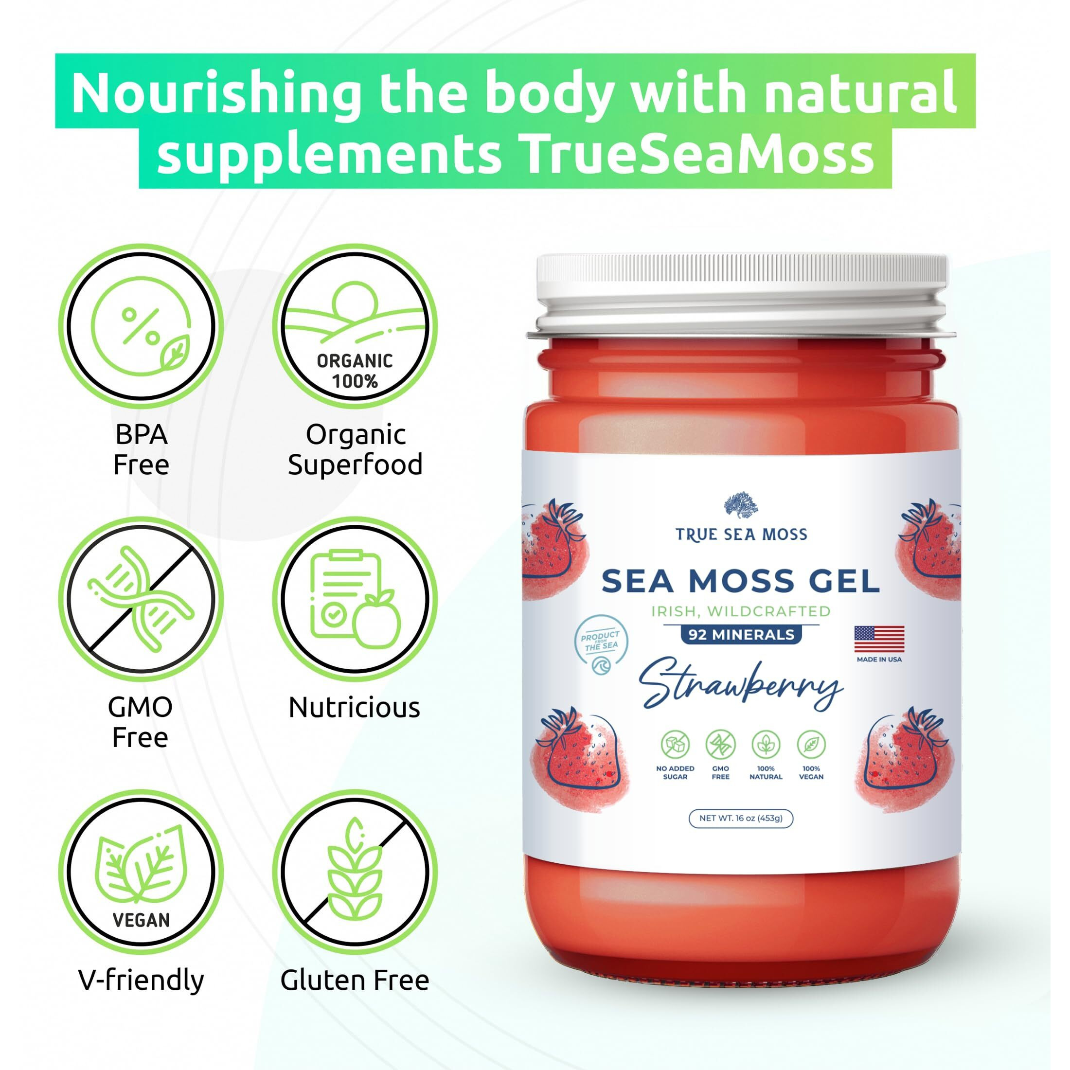Trueseamoss Wildcrafted Irish Sea Moss Gel - Made With Dried Seaweed - Seamoss, Vegan-Friendly, Antioxidant Supports Digestion - Made In Usa (Strawberry, Pack Of 1)