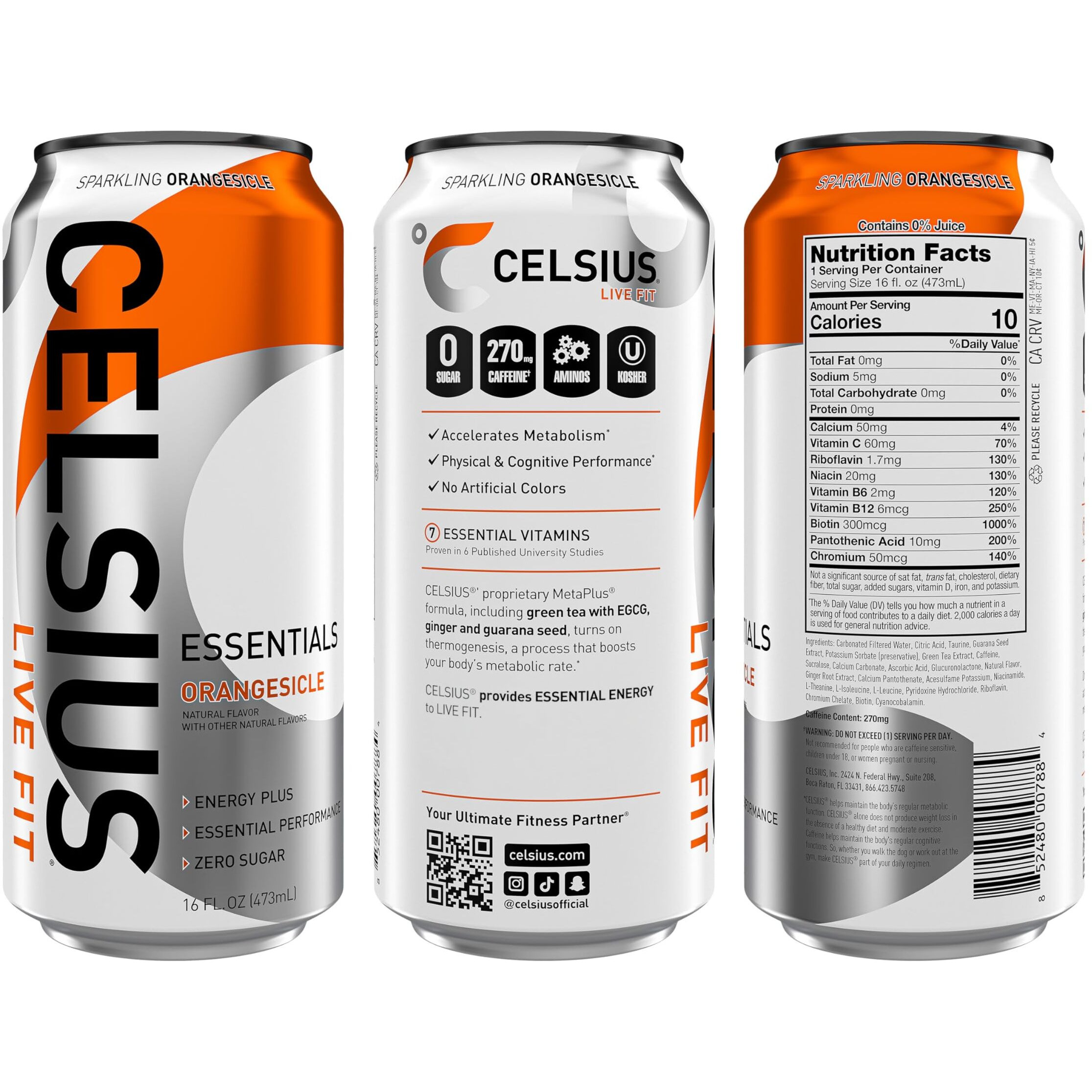 Celsius Essentials, Sparkling Orangesicle, Performance Energy Drink 16 Fl Oz (Pack Of 12)