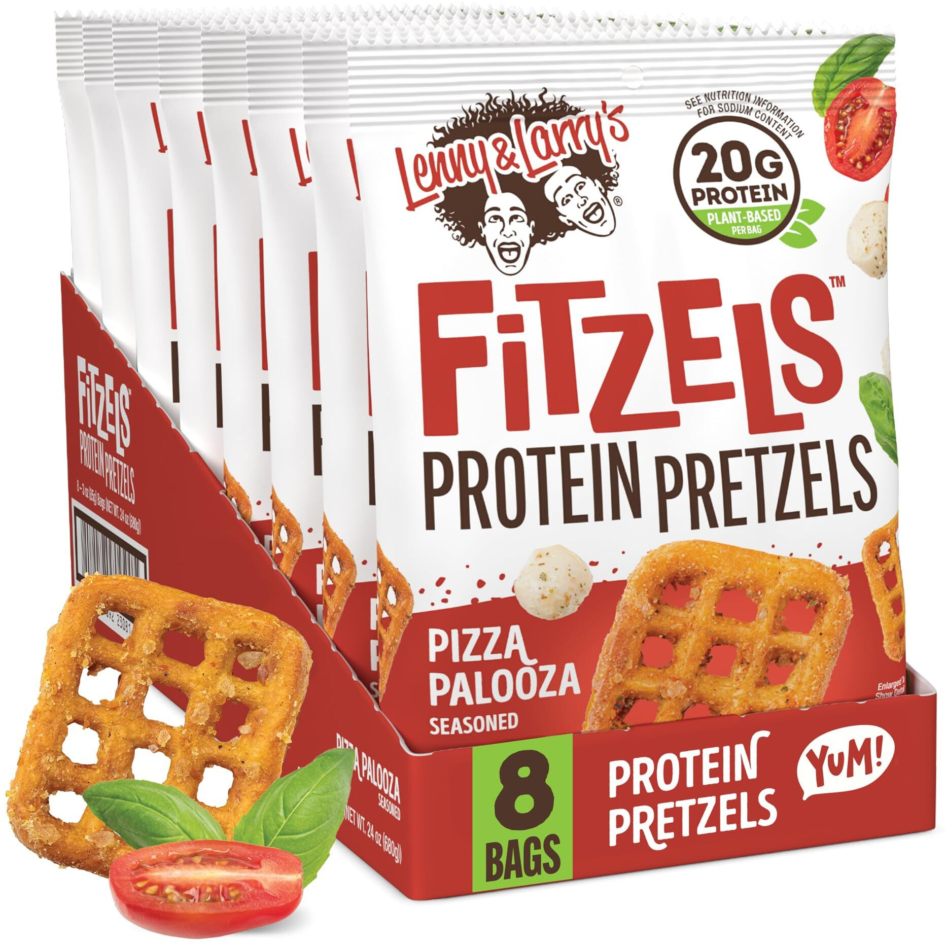 Lenny & Larry's Pizza Palooza Fitzels- Savory Pretzel Snacks Incredibly Tasty High Protein, Salty, Vegan, Kosher 20 G's Of Plant Based Protein 8 (Eight) Bags, 3 Oz Each