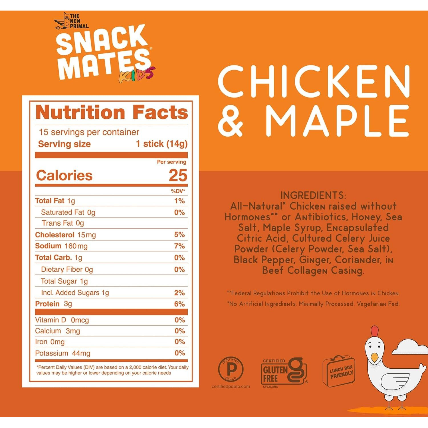 The New Primal Snack Mates Chicken & Maple Sticks, Gluten Free Healthy Snacks For Kids, Low Sugar High Protein Back To School Snacks, Mini Paleo Jerky Meat Stick, 7G Protein, 50 Calories, 15 Pack