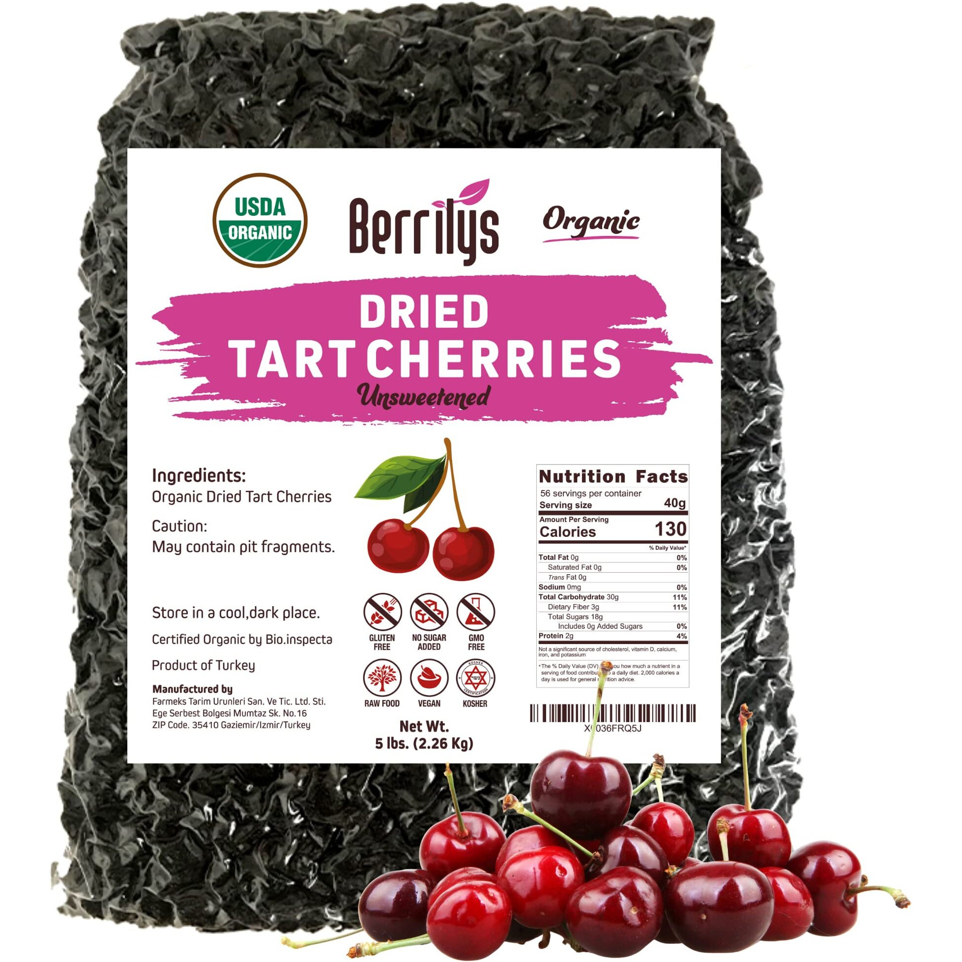 Berrilys Organic Dried Cherries | Unsweetened, Naturally Sweet, Perfect For Baking, Snacking, And Salads, High In Antioxidants, No Added Sugar, No Oil, Gluten-Free, Non-Gmo, And Vegan | 5 Lb