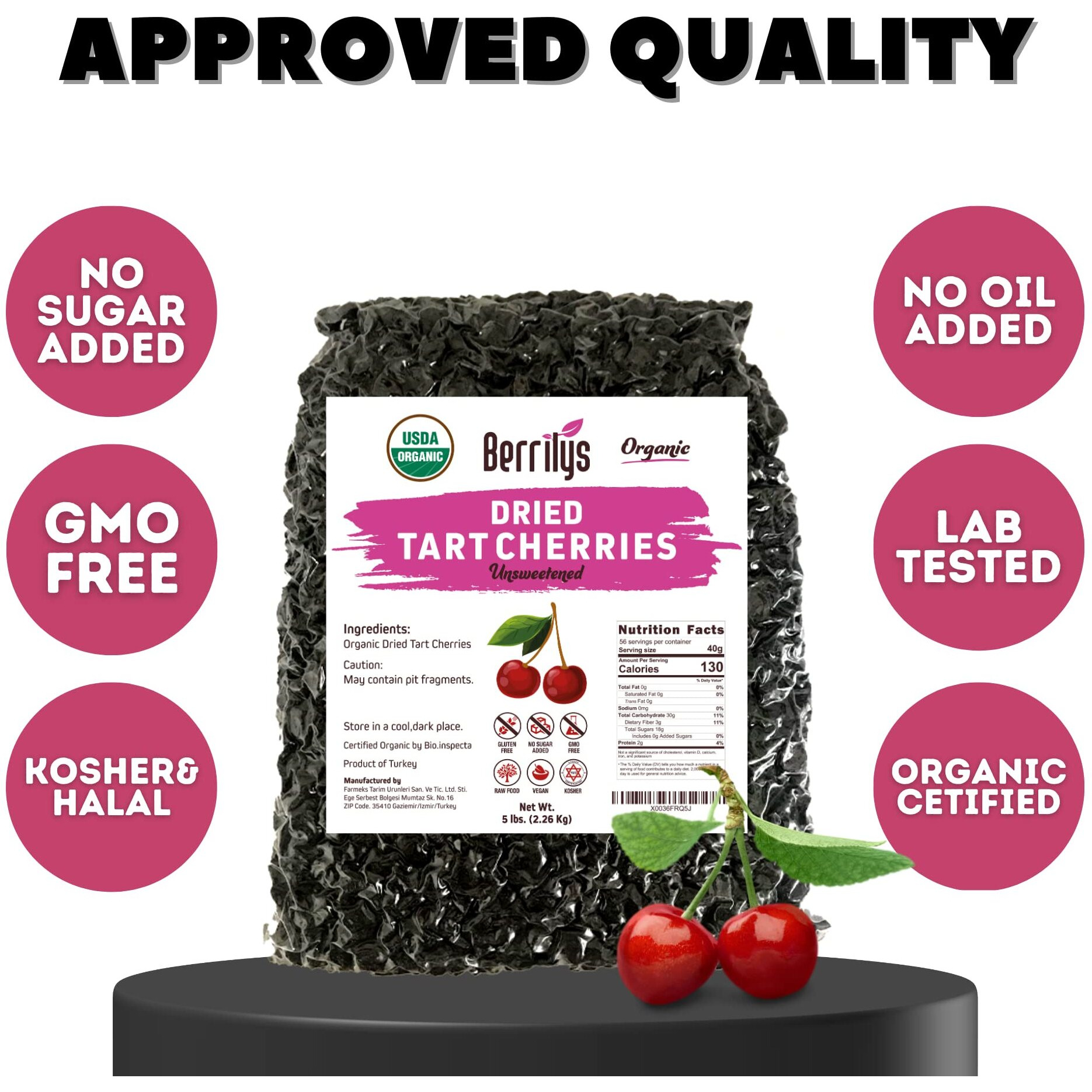 Berrilys Organic Dried Cherries | Unsweetened, Naturally Sweet, Perfect For Baking, Snacking, And Salads, High In Antioxidants, No Added Sugar, No Oil, Gluten-Free, Non-Gmo, And Vegan | 5 Lb
