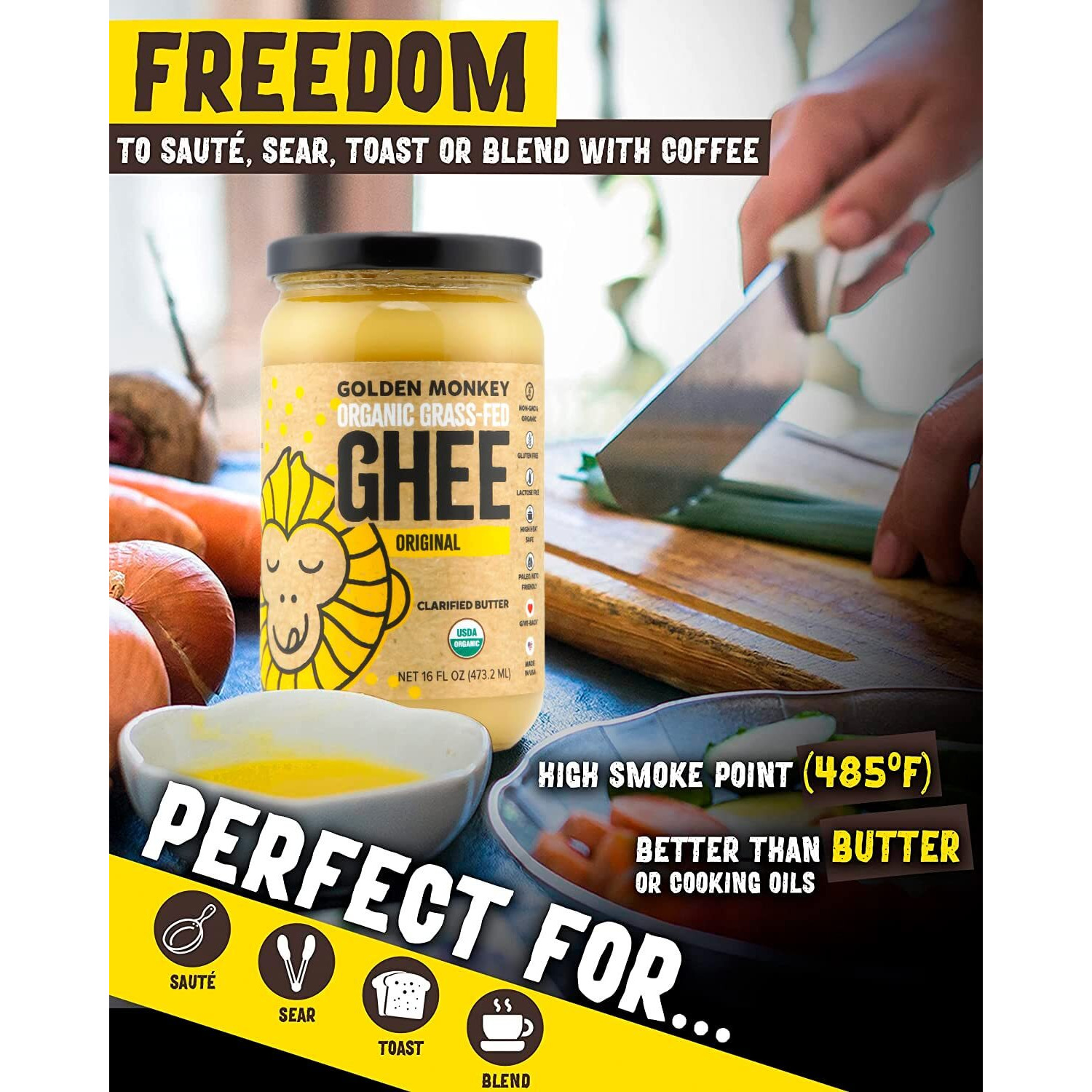 Organic Ghee Butter Grass Fed Clarified - 16 Oz Ghee Butter - Unsalted Butter Certified Organic Ghee Oil - Perfect For Paleo, Keto, Lactose & Gluten Free Diet