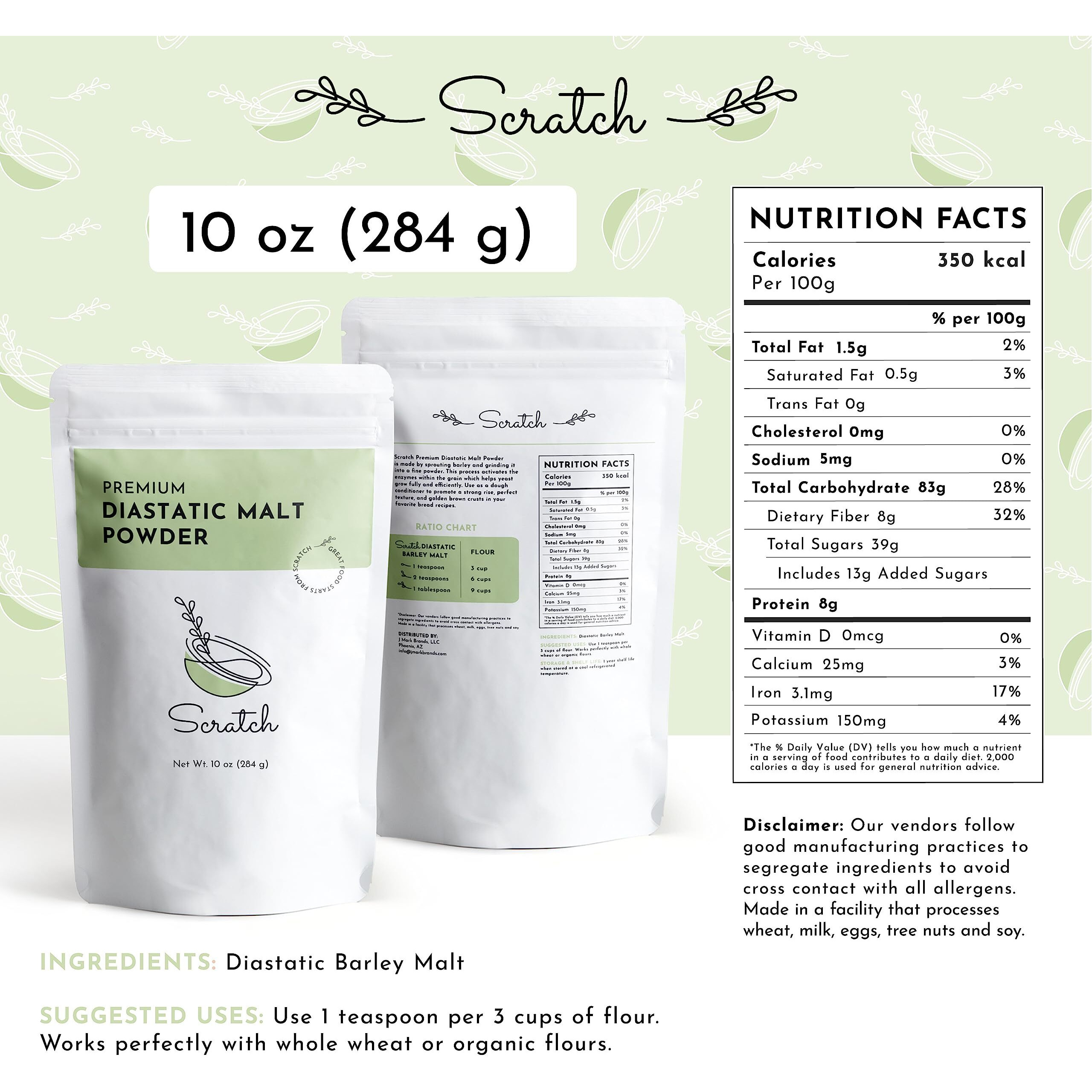 Scratch Diastatic Malt Powder For Baking - (10Oz) Dried Barley Malt For Baking Bread - Bread Improver - Premium Baking Ingredients For Breads, Pizzas, Pretzels, Desserts, Shakes And More