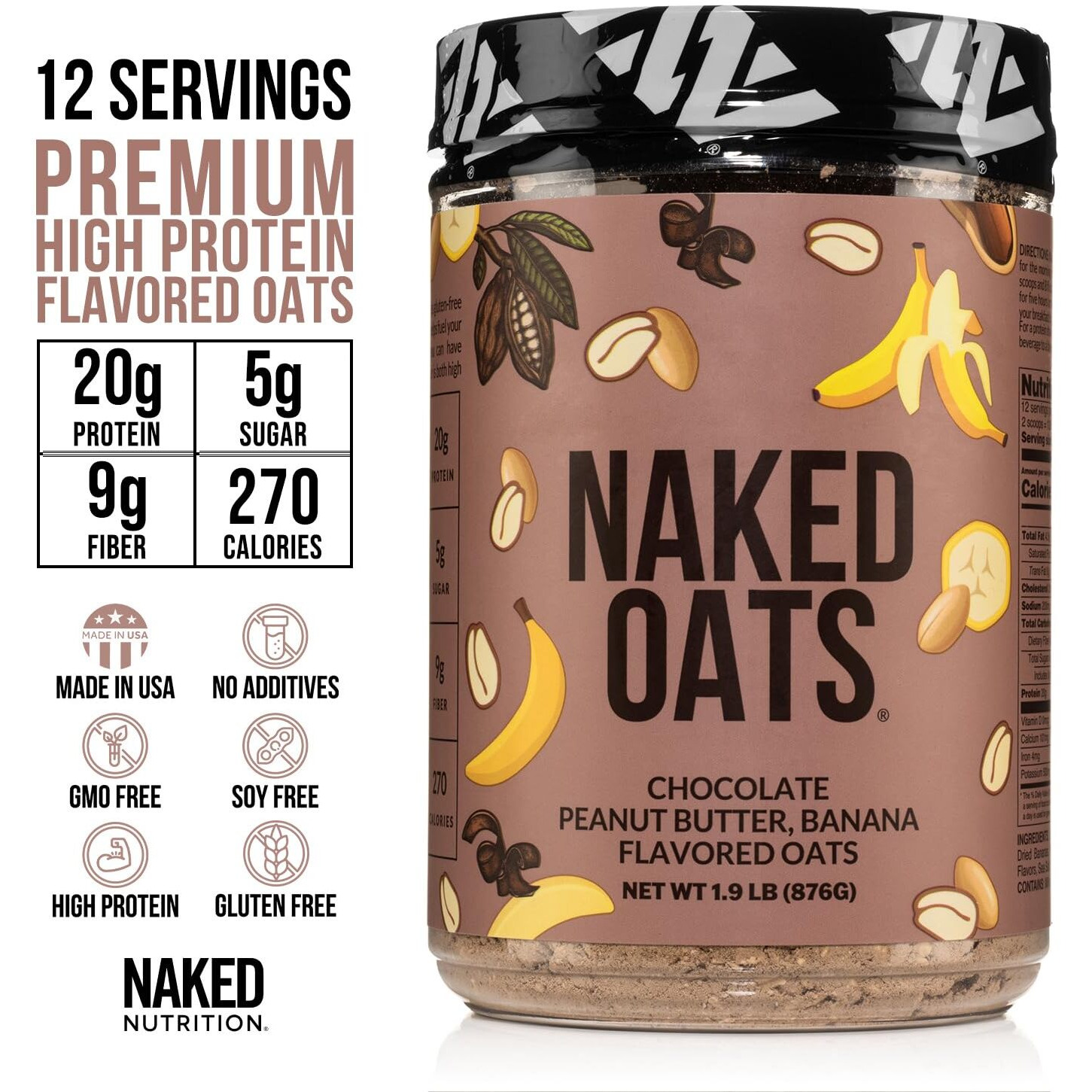 Naked Oats - Chocolate Pb Banana Overnight Oats, 20G Whey Protein, Gluten-Free Oatmeal Instant Breakfast Or Shake, High Protein Oatmeal, High Fiber Breakfast Shake, Non Gmo, No Soy - 12 Servings