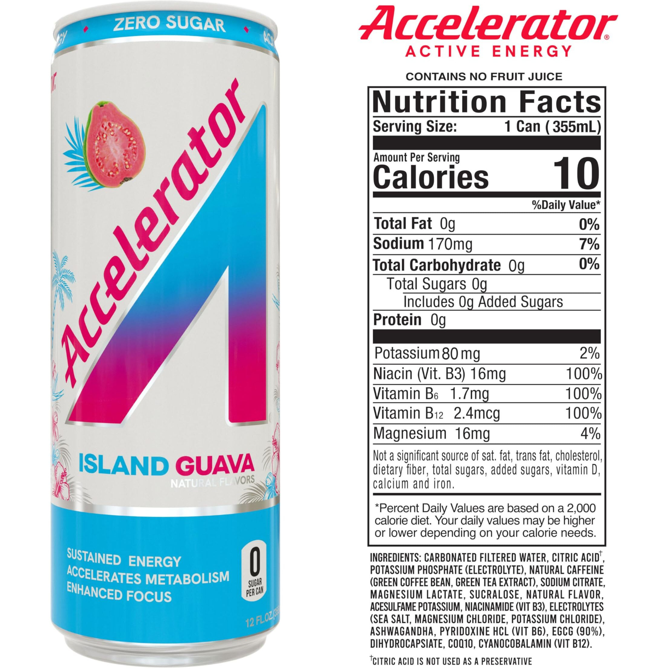 Accelerator Island Guava Energy Drink, 12 Fl Oz Can (Pack Of 12)