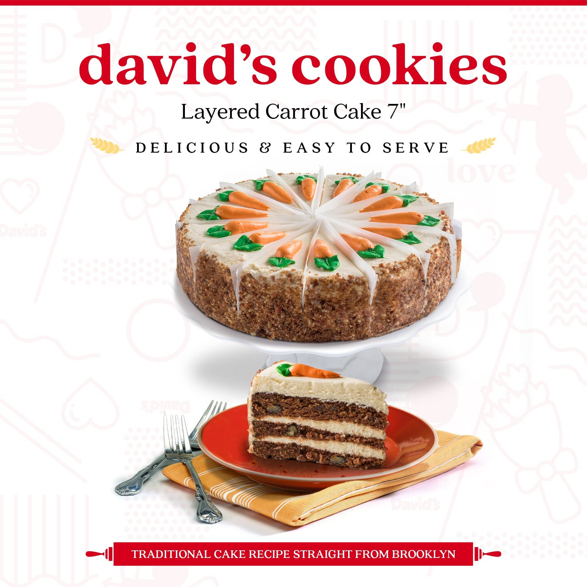 David's Cookies Layered Carrot Cake 10&quot&quot - Pre-Sliced 14 Pcs. Fresh Gourmet Bakery Dessert With Rich Cream Cheese Frosting, Delicious Gourmet Easter Food Cake Gift Idea For Women, Men, Kids And Family