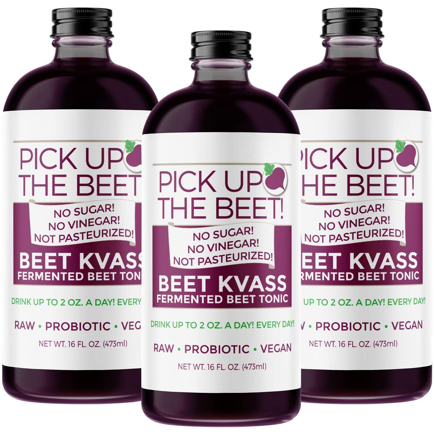 Pick Up The Beet Organic Beet Juice Kvass With Live Probiotics, Vegan - Natural Nitric Oxide Boost, Fermented Beet Tonic, Sugar Cravings Support, 16 Ounces, 3 Bottles
