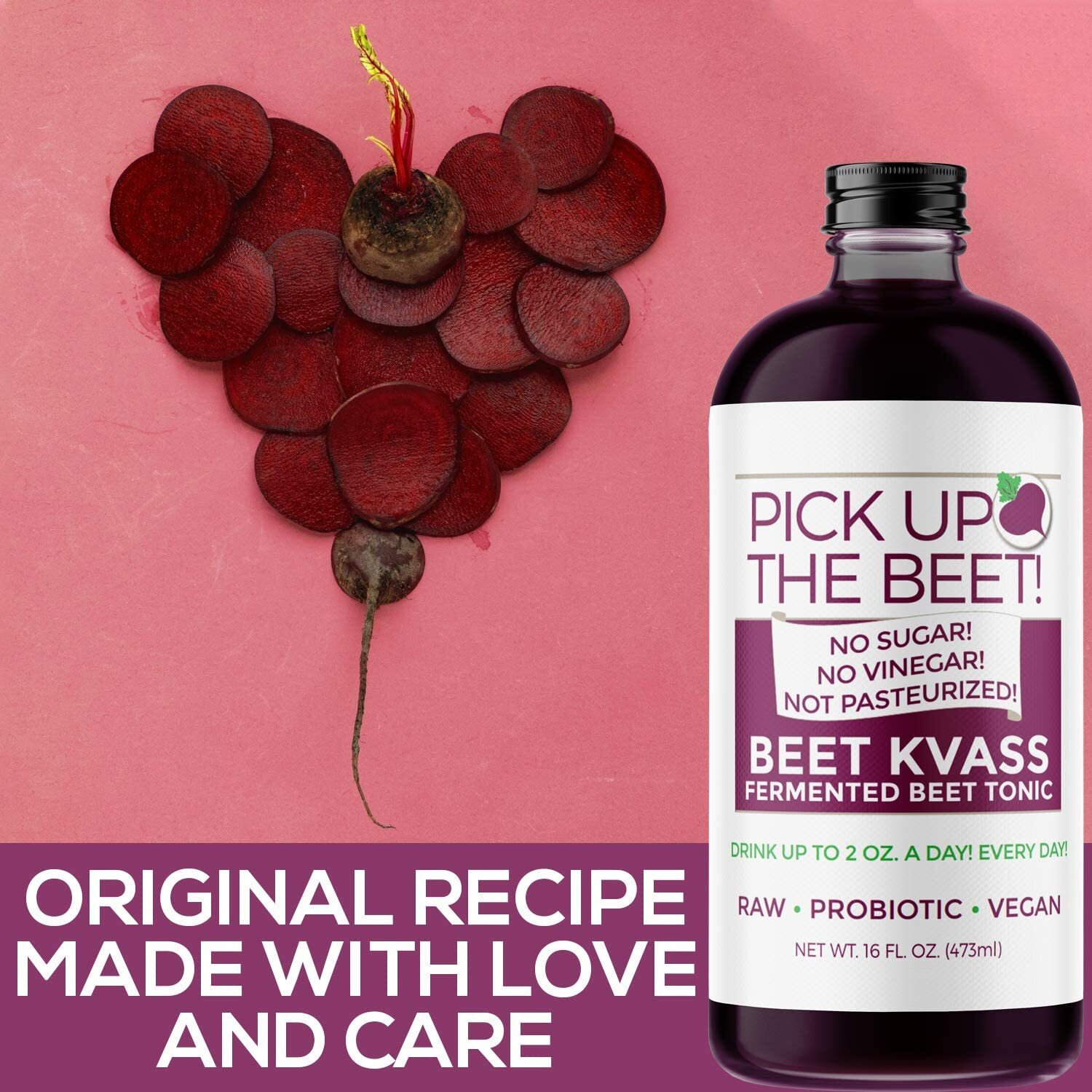 Pick Up The Beet Organic Beet Juice Kvass With Live Probiotics, Vegan - Natural Nitric Oxide Boost, Fermented Beet Tonic, Sugar Cravings Support, 16 Ounces, 3 Bottles
