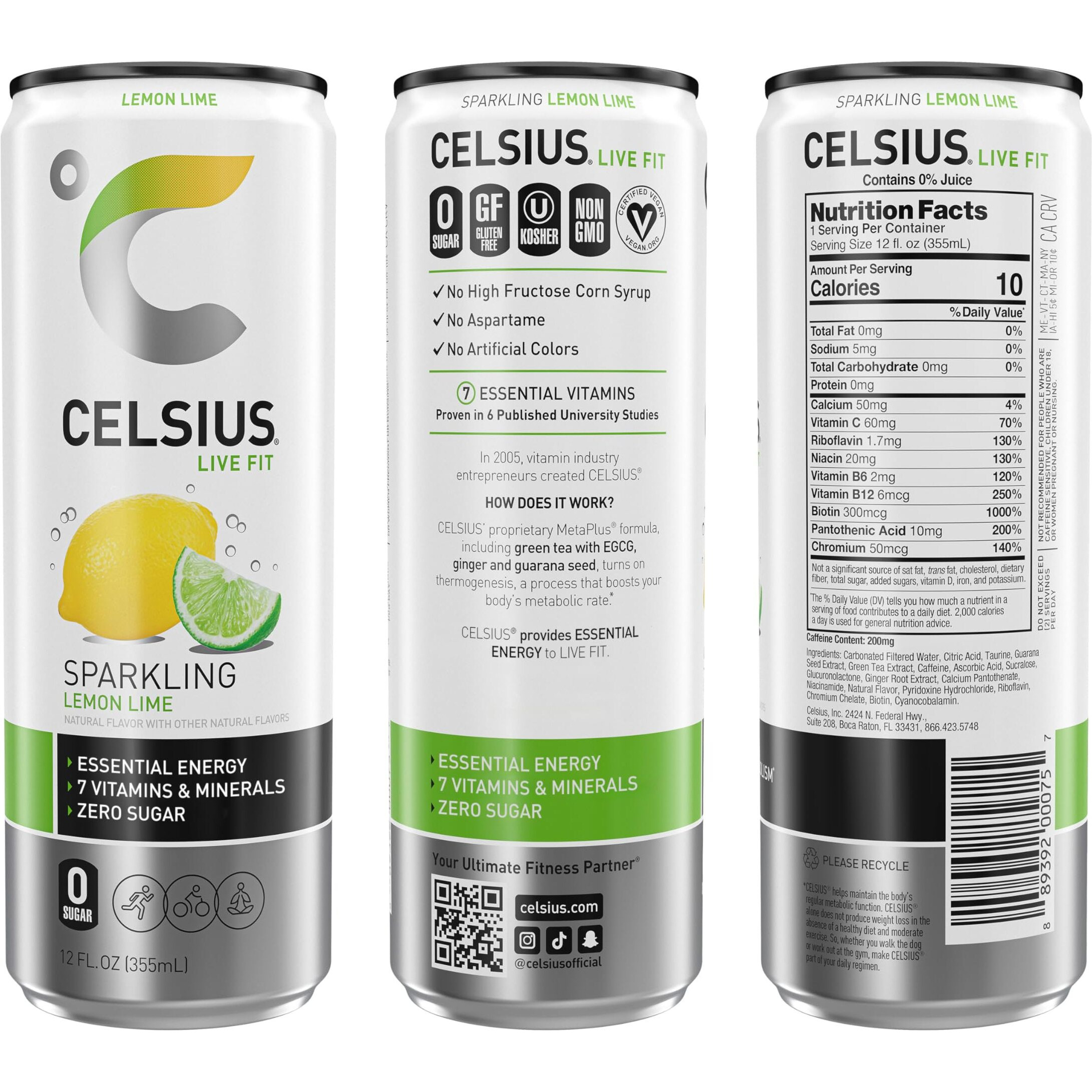 Celsius Sparkling Lemon Lime, Functional Essential Energy Drink, 12 Fl Oz (Pack Of 12)