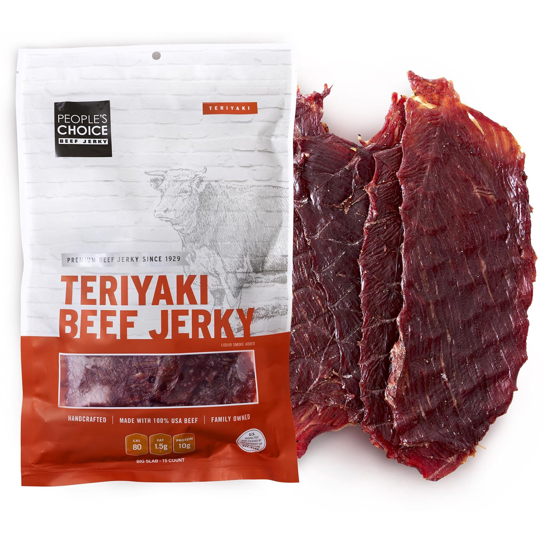 People's Choice Beef Jerky - Classic - Teriyaki - Big Slab - Whole Muscle Premium Cuts - Bulk Jerky Package - Thin Sheets - Low Sodium Low Salt High Protein Meat Snack - 15 Slabs, 1 Bag