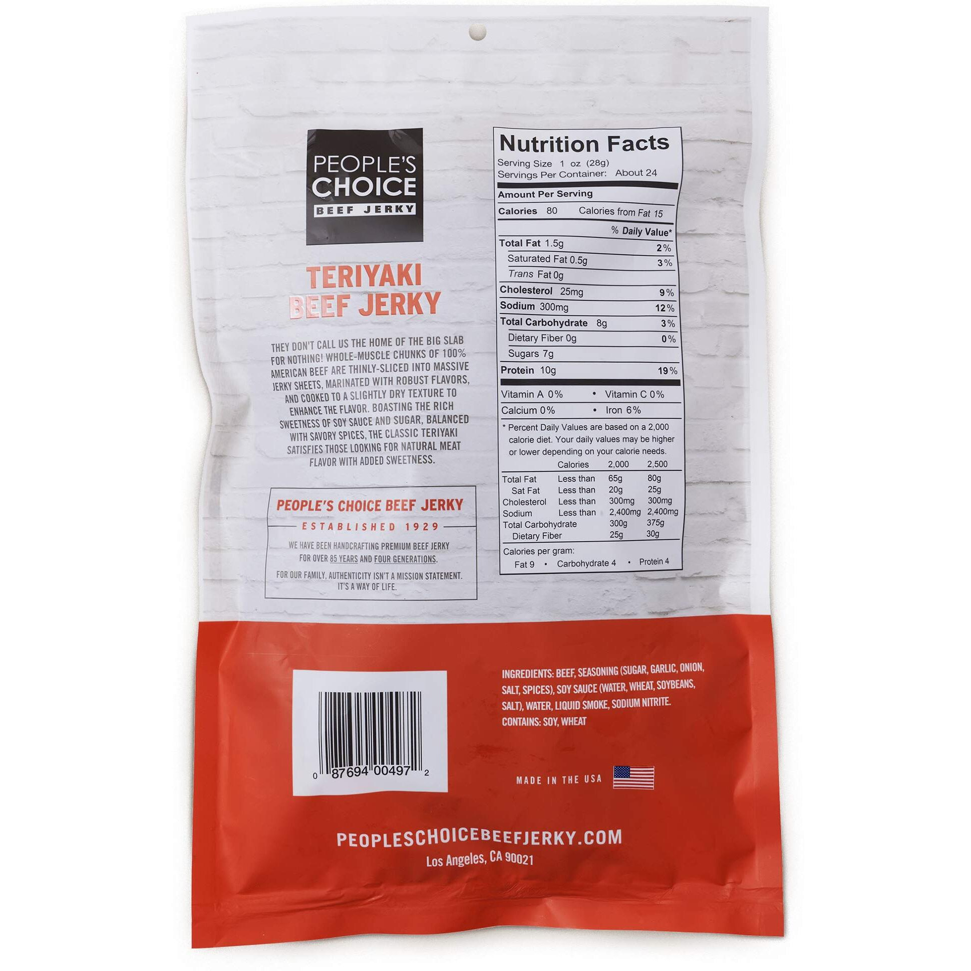 People's Choice Beef Jerky - Classic - Teriyaki - Big Slab - Whole Muscle Premium Cuts - Bulk Jerky Package - Thin Sheets - Low Sodium Low Salt High Protein Meat Snack - 15 Slabs, 1 Bag