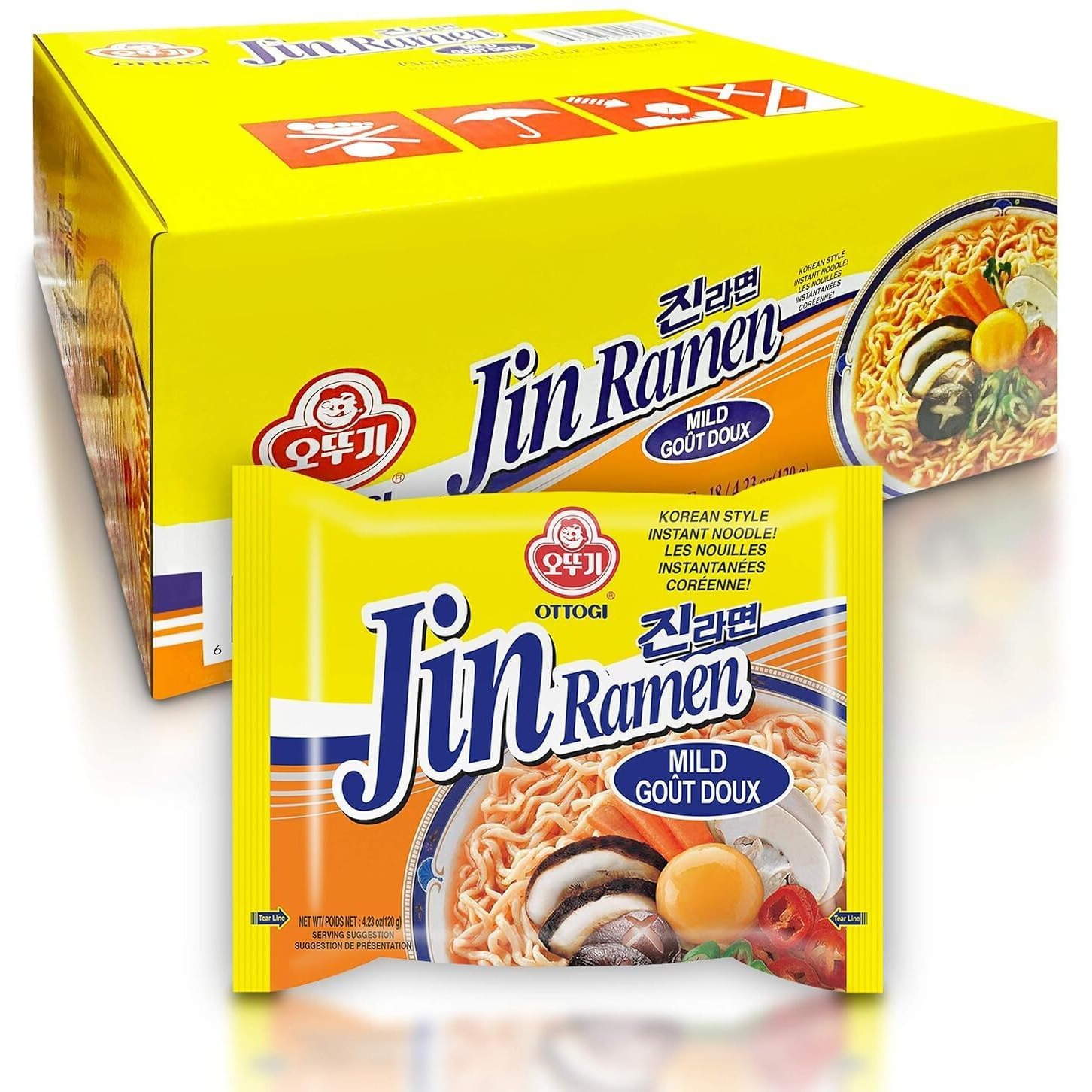 Ottogi Jin Ramen Mild Flavor, 4.23 Oz (Pack Of 18) - Authentic Korean Instant Noodles, Delicate And Savory Broth, Quick And Easy Meal