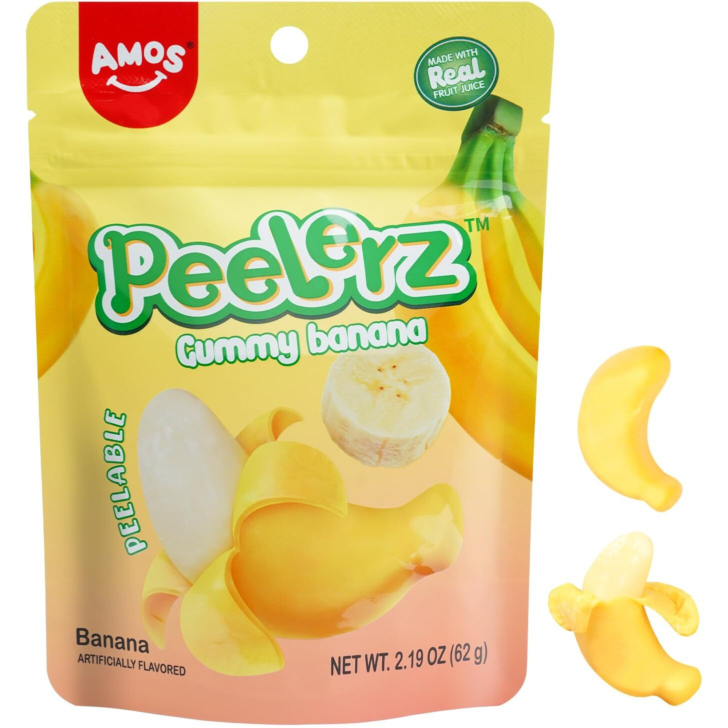 Amos Peelable Banana Gummies, Banana Peeling Candy, Peelerz Fruit Snacks Fat Free, Resealable 2.19Oz Bag (Pack Of 3)
