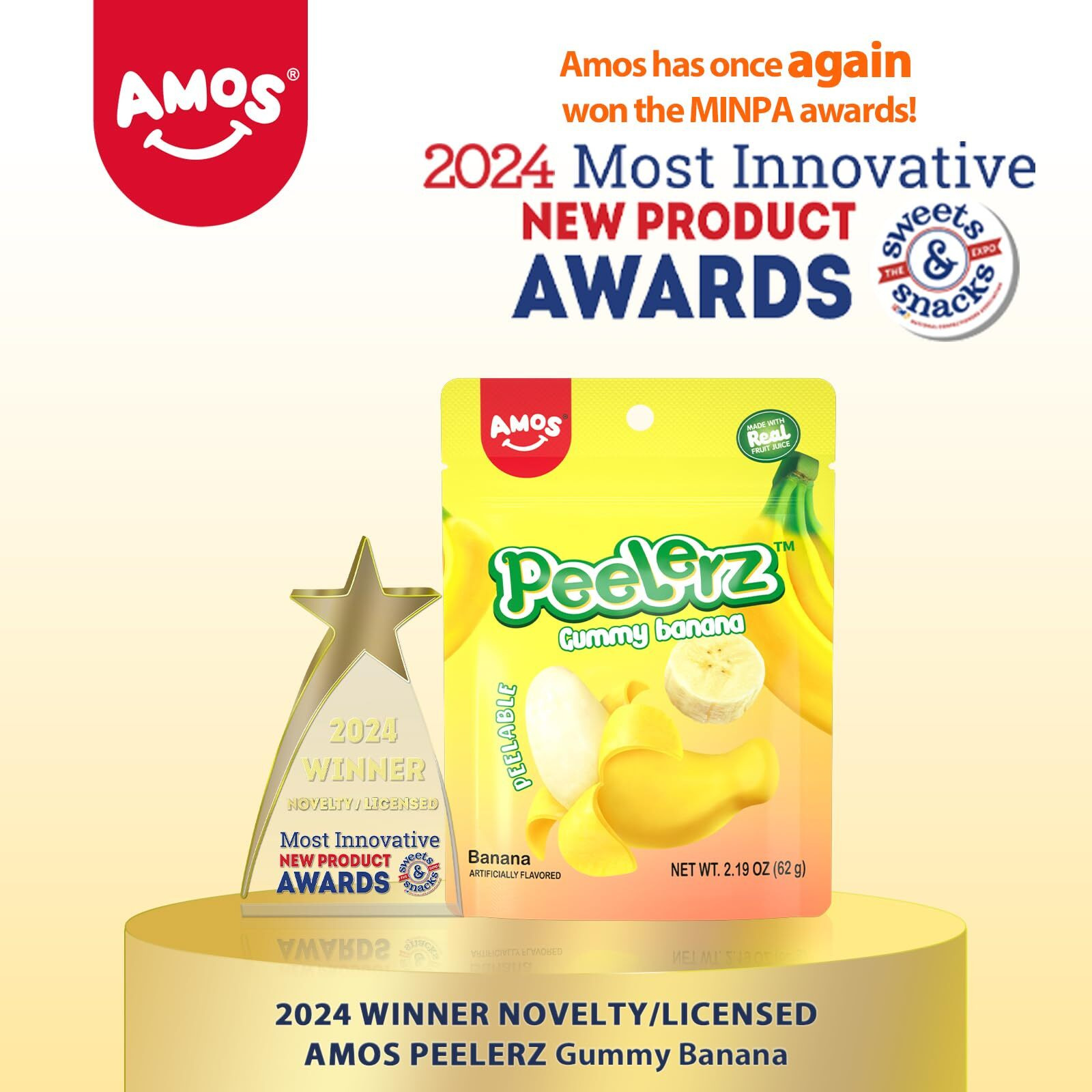 Amos Peelable Banana Gummies, Banana Peeling Candy, Peelerz Fruit Snacks Fat Free, Resealable 2.19Oz Bag (Pack Of 3)