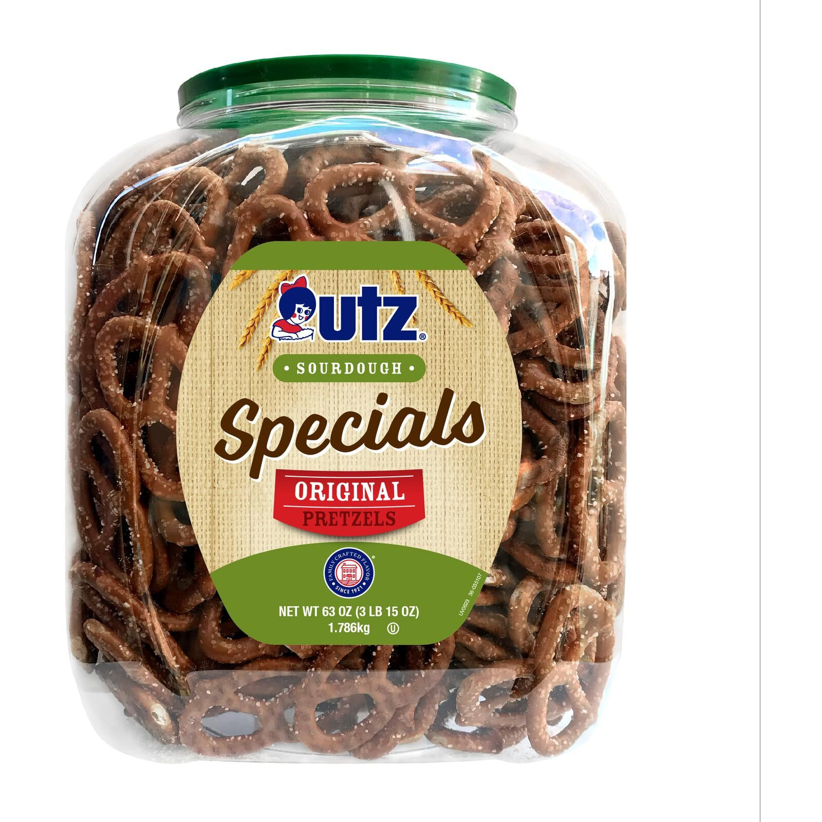 Utz Sourdough Specials Pretzels, Original, 63 Oz. Barrel, Classic Pretzel Knot With Rich Sourdough Flavor, Resealable Container, Tasty Party Snack With Zero Cholesterol