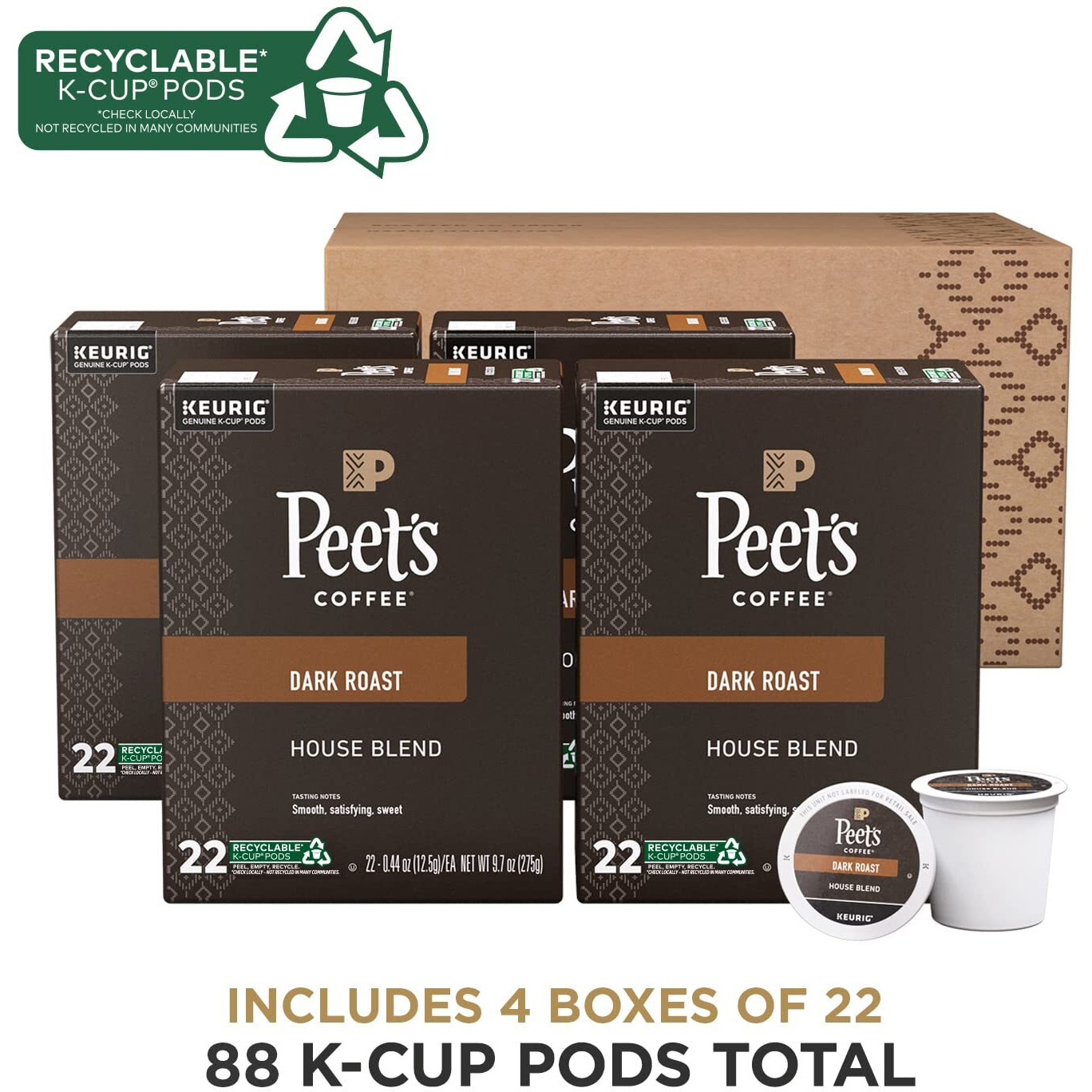 Peet's Coffee, Dark Roast K-Cup Pods For Keurig Brewers - House Blend 88 Count (4 Boxes Of 22 K-Cup Pods)