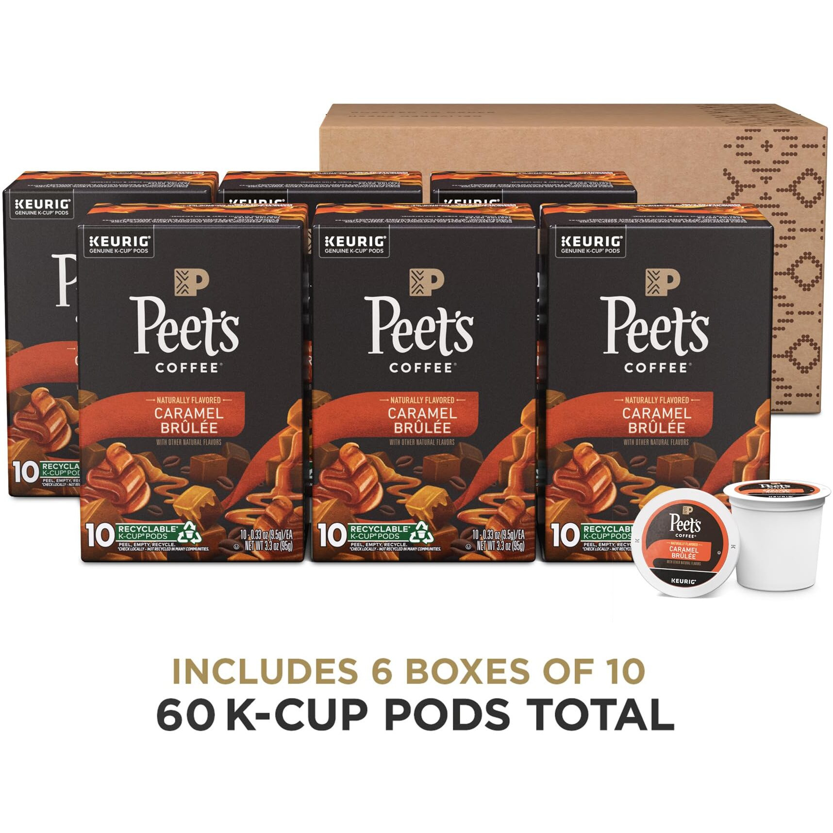 Peet's Coffee, Flavored Coffee K-Cup Pods For Keurig Brewers - Caramel Brvlve, 60 Count (6 Boxes Of 10 Pods), Light Roast