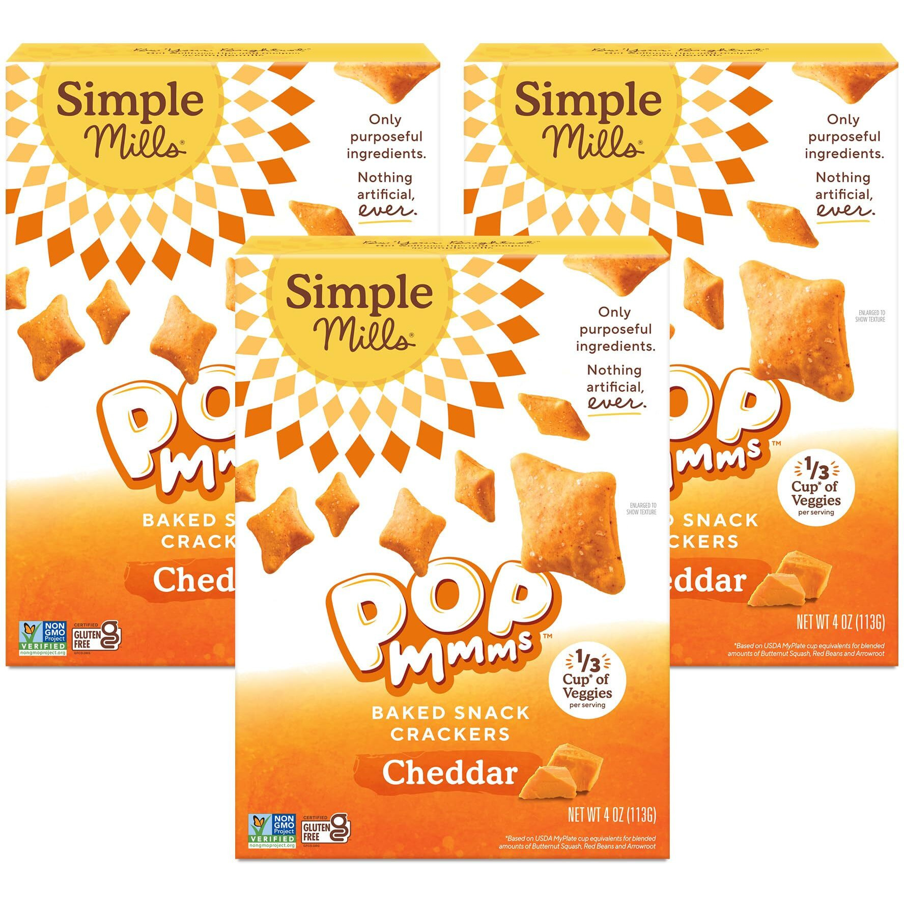 Simple Mills Pop Mmms Cheddar Baked Snack Crackers, Gluten Free, 4 Ounce (Pack Of 3)