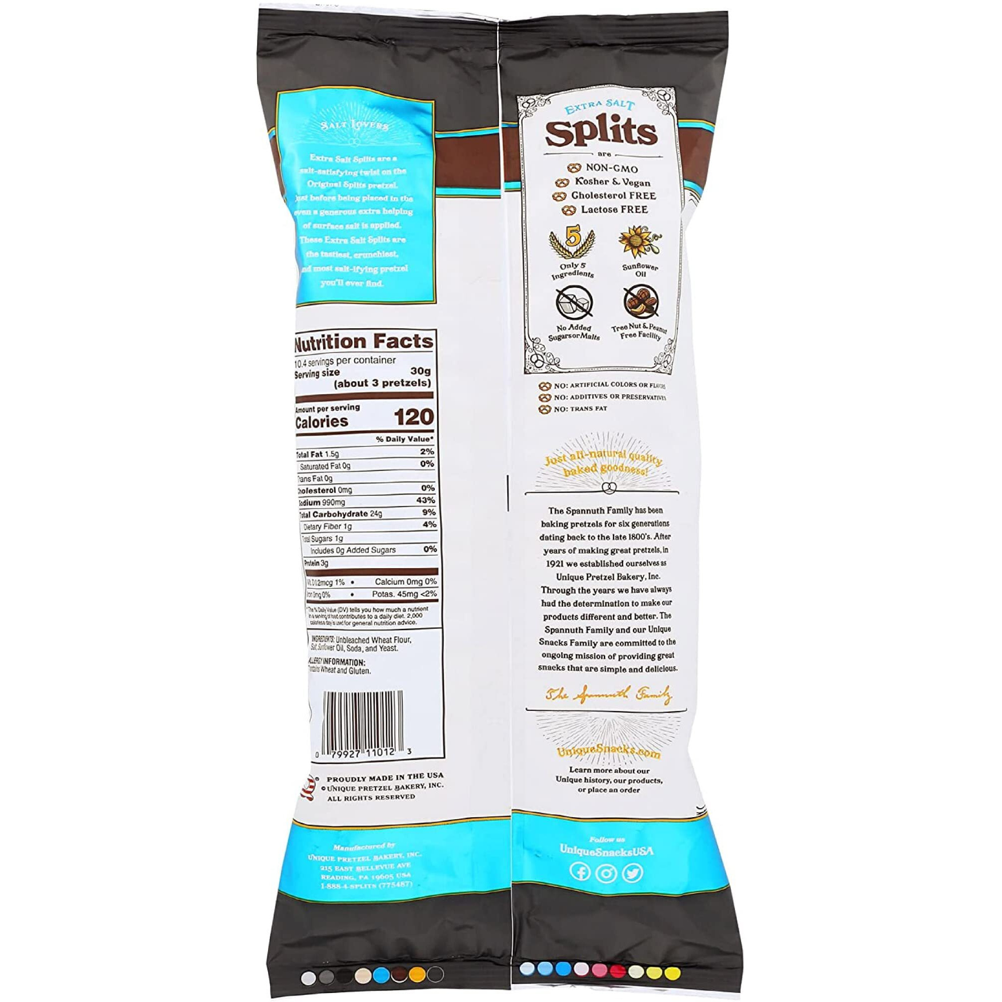 Unique Snacks Extra Salt Splits Pretzels, Original Split-Open Pretzels, Delicious Homestyle Baked Snack Bag, Ou Kosher, And Non-Gmo Food, No Artificial Flavor, 11 Oz. Bag, Pack Of 3