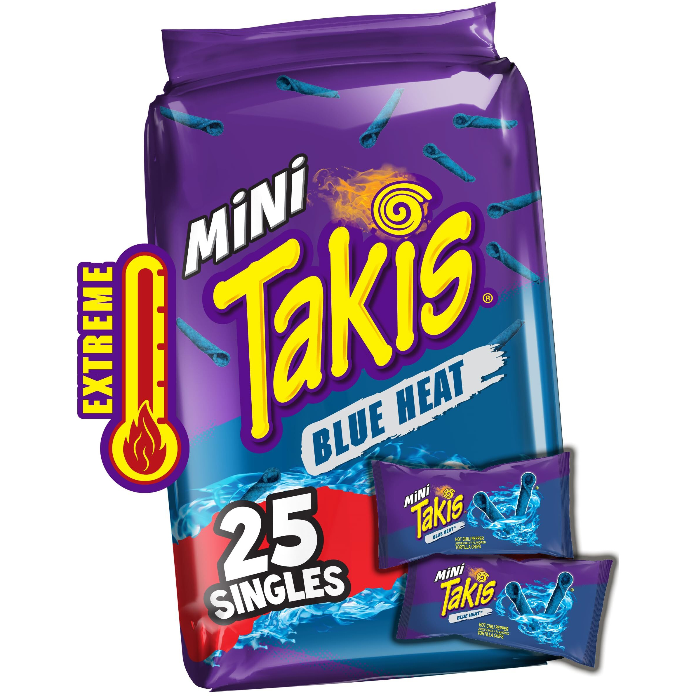 Takis Blue Heat Mini 25 Pc / 1.23 Oz Bite Size Multipack, Hot Chili Pepper Flavored Extreme Spicy Rolled Tortilla Chips