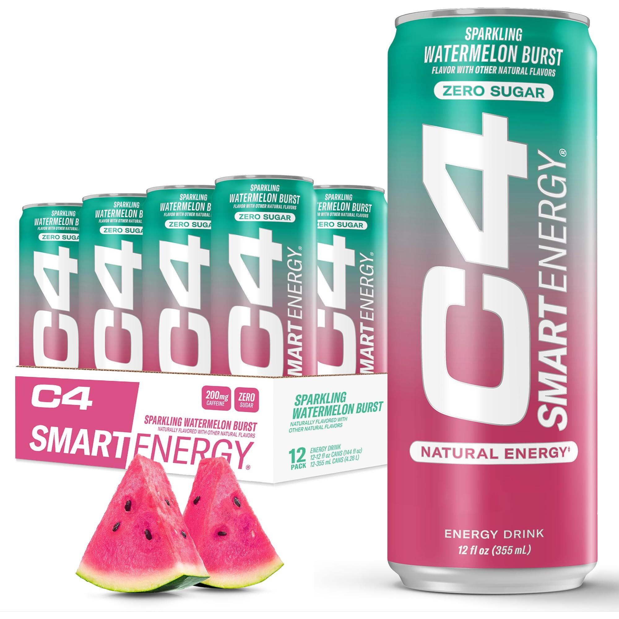 C4 Smart Energy Drink - Boost Focus And Energy With Zero Sugar, Natural Energy, And Nootropics - 200Mg Caffeine - Watermelon Burst (12Oz Pack Of 12)