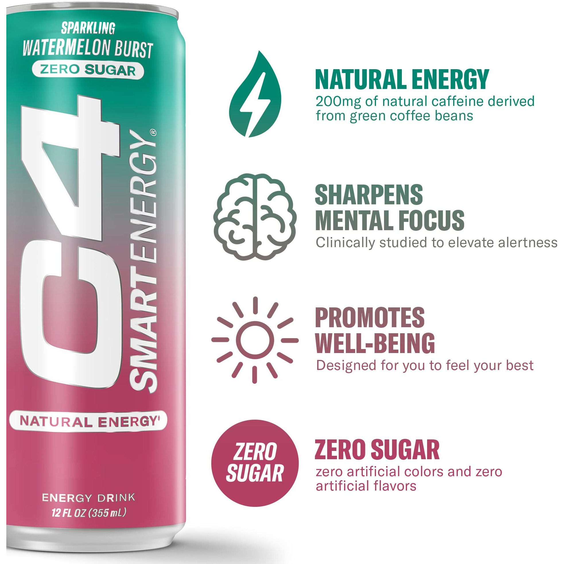 C4 Smart Energy Drink - Boost Focus And Energy With Zero Sugar, Natural Energy, And Nootropics - 200Mg Caffeine - Watermelon Burst (12Oz Pack Of 12)