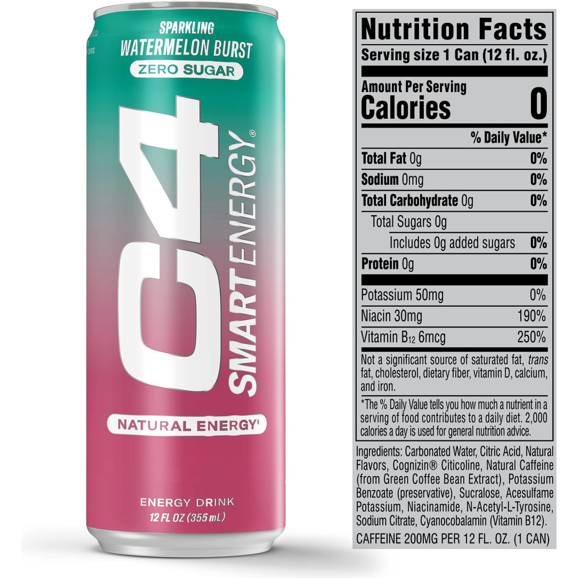 C4 Smart Energy Drink - Boost Focus And Energy With Zero Sugar, Natural Energy, And Nootropics - 200Mg Caffeine - Watermelon Burst (12Oz Pack Of 12)