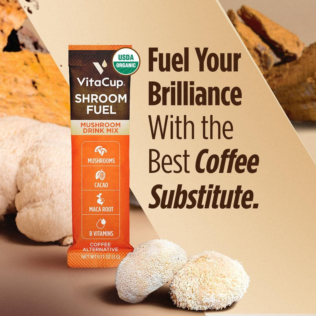 Vitacup Shroom Fuel, Mushroom Based Instant Coffee Alternative Packets, Mushroom Coffee Substitute W/Cacao, Cinnamon, Chaga, Lions Mane, & Maca For Energy, Immune Support, & Focus, 24Ct