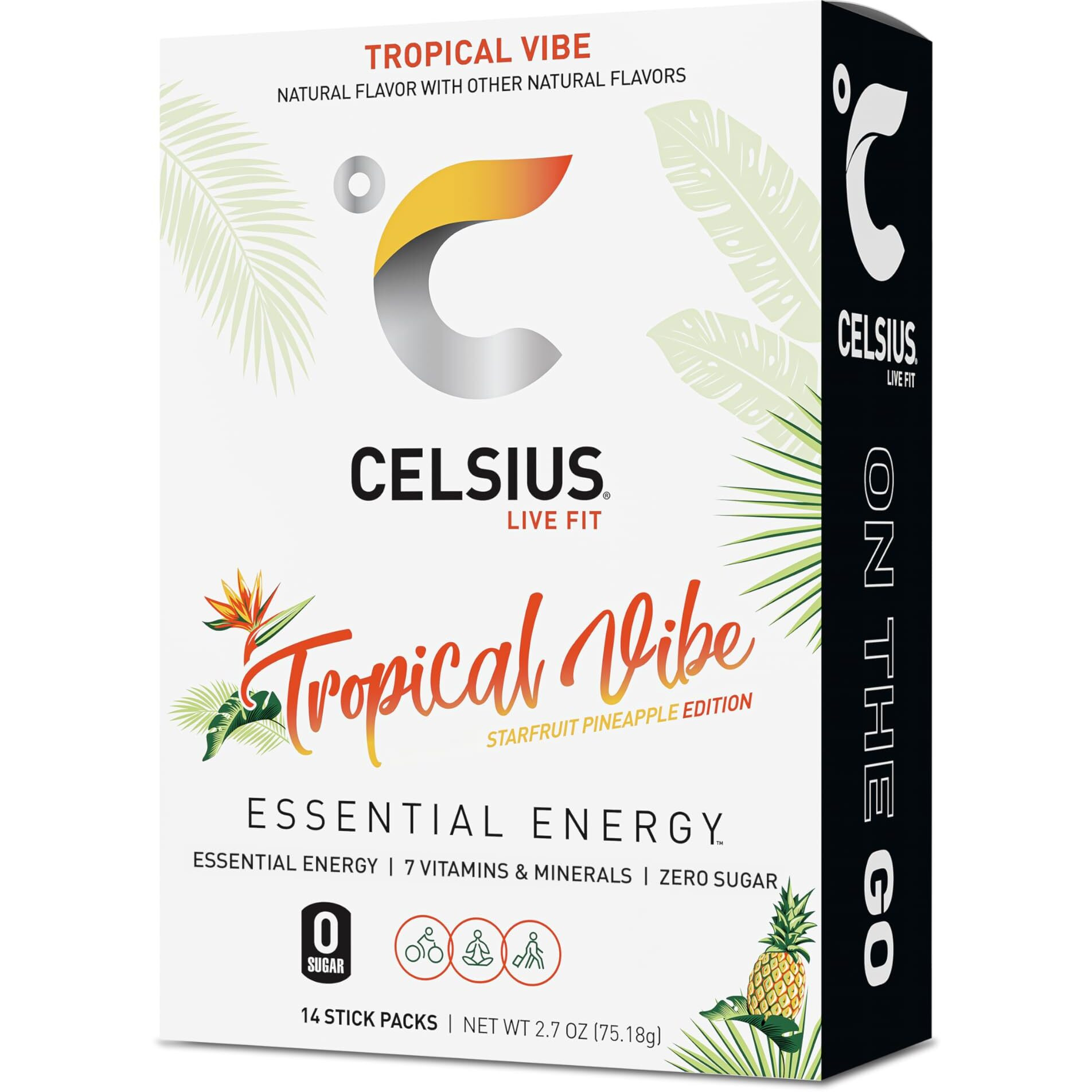 Celsius On-The-Go Powder Sticks Tropical Vibe, Essential Energy 2.6 Oz (14 Sticks Per Pack)