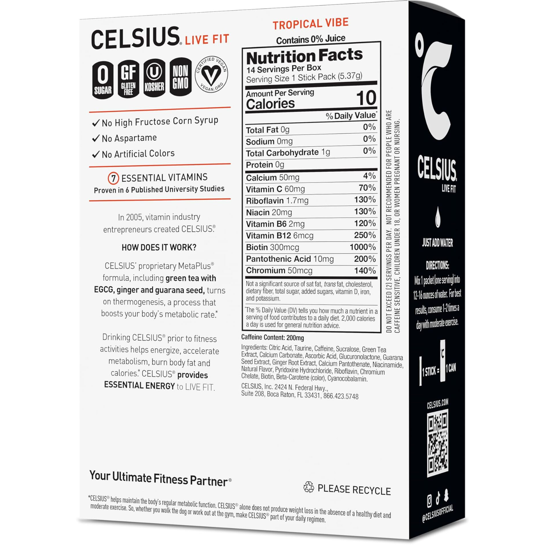 Celsius On-The-Go Powder Sticks Tropical Vibe, Essential Energy 2.6 Oz (14 Sticks Per Pack)
