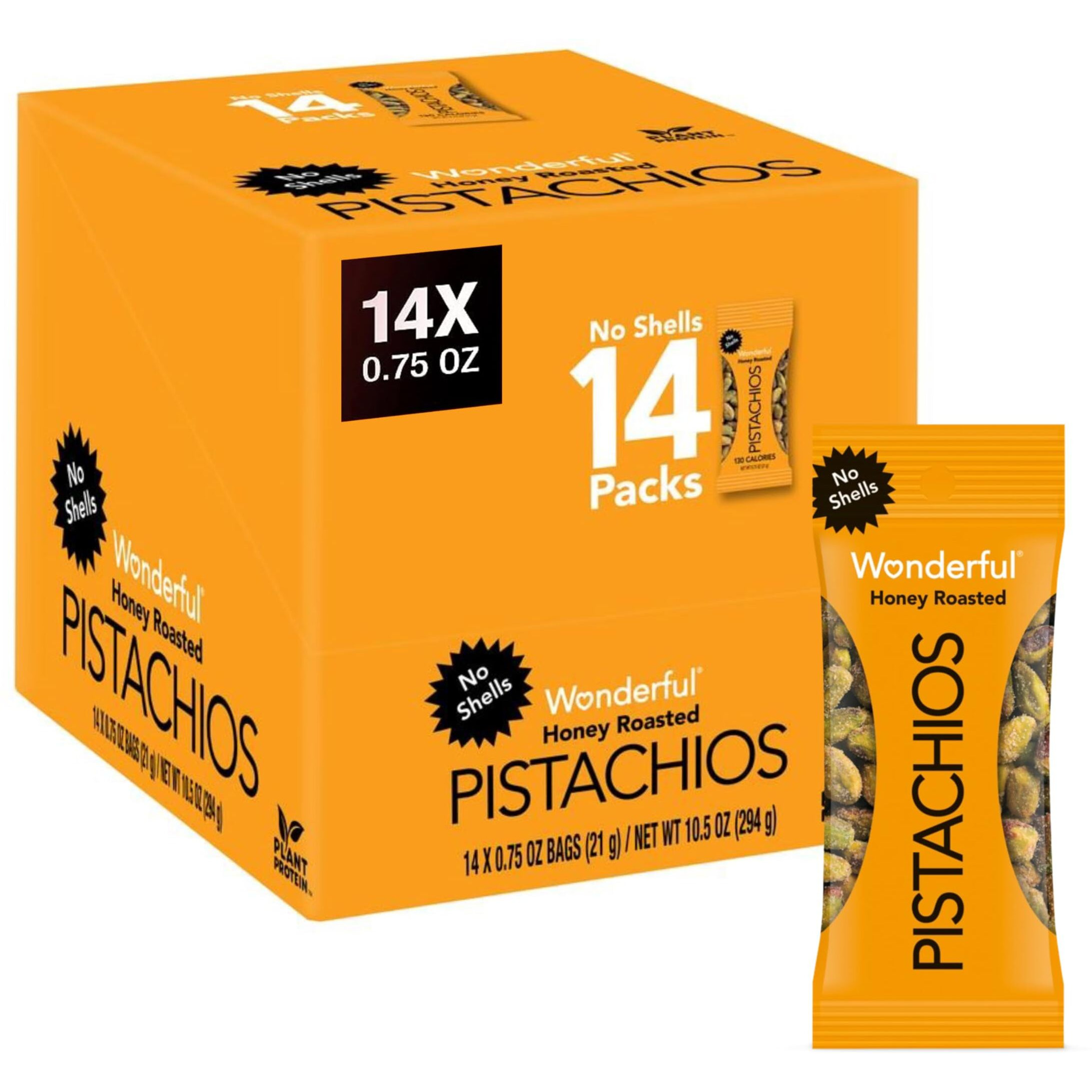 Wonderful Pistachios No Shells, Honey Roasted Nuts, 0.75 Ounce Bags (Pack Of 14), Protein Snacks, Gluten Free, On-The-Go, Individually Wrapped Healthy Snack