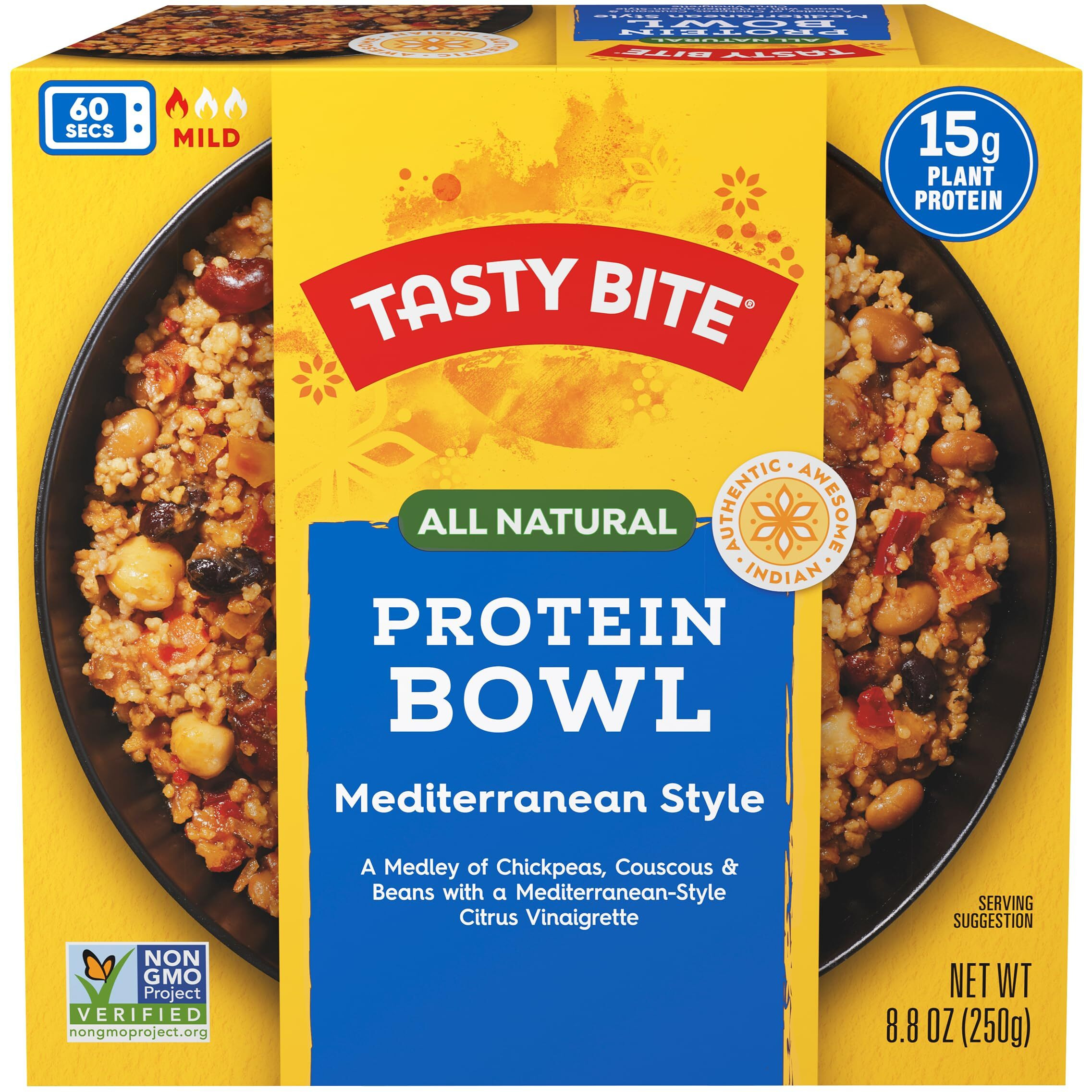Tasty Bite Mediterranean Protein Bowl, 8.8 Ounce, Pack Of 6, Ready To Eat, Microwaveable, Vegan, 14 Grams Plant Protein
