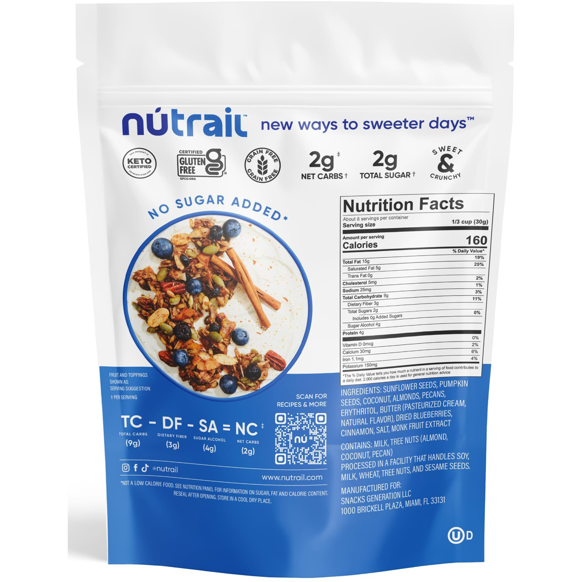 Nutrail Nut Granola Cereal, Blueberry Cinnamon, No Sugar Added, Gluten Free, Grain Free, Keto, Low Carb, Healthy Breakfast Cereal 8 Oz. 3 Count