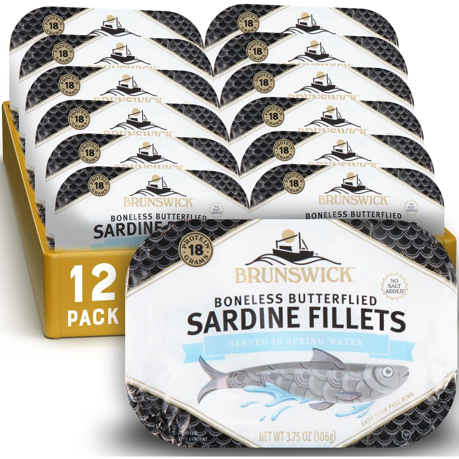 Brunswick Sardine Fillets In Water, 3.75 Oz Can (Pack Of 12) - Wild Caught Sardines In Spring Water- 18G Protein Per Serving - Gluten Free, Keto Friendly - Great For Pasta & Seafood Recipes