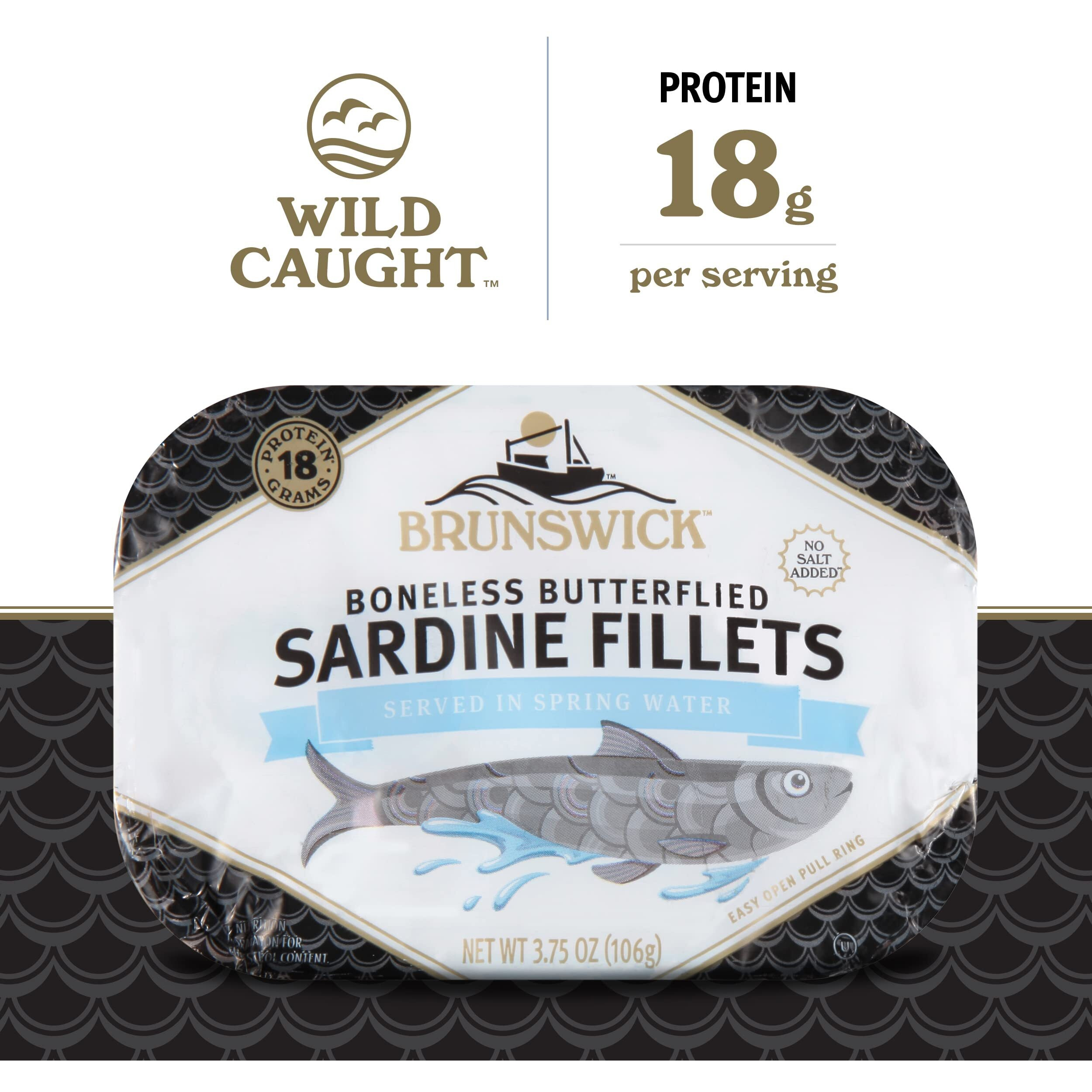 Brunswick Sardine Fillets In Water, 3.75 Oz Can (Pack Of 12) - Wild Caught Sardines In Spring Water- 18G Protein Per Serving - Gluten Free, Keto Friendly - Great For Pasta & Seafood Recipes
