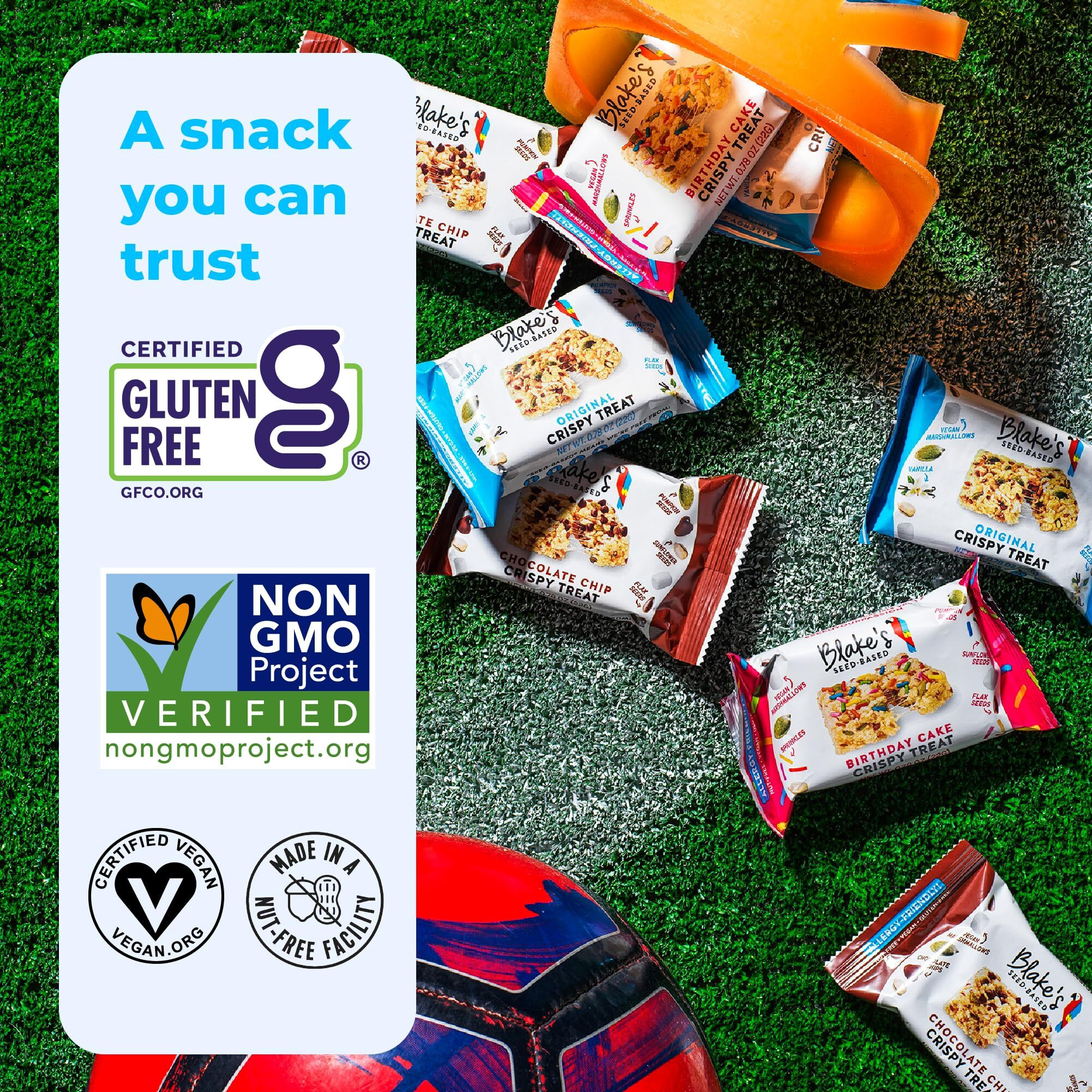 Blakes Seed Based Crispy Treats - Birthday Cake (24 Count), Nut Free, Gluten Free, Dairy Free & Vegan, Healthy Snacks For Kids Or Adults, School Safe, Low Calorie Organic Soy Free Snack