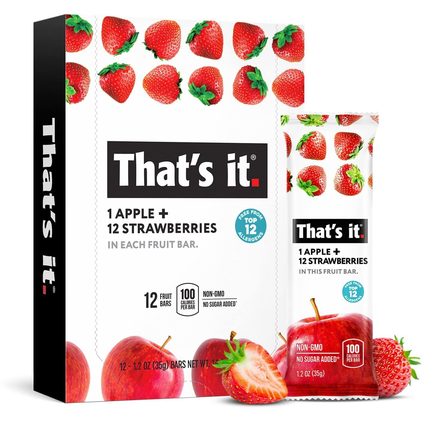 That's It. Apple + Strawberry 100% Natural Real Fruit Bar, Best High Fiber Vegan, Gluten Free Healthy Snack, Paleo For Children & Adults, Non Gmo No Sugar Added, No Preservatives Energy Food (12 Pack)