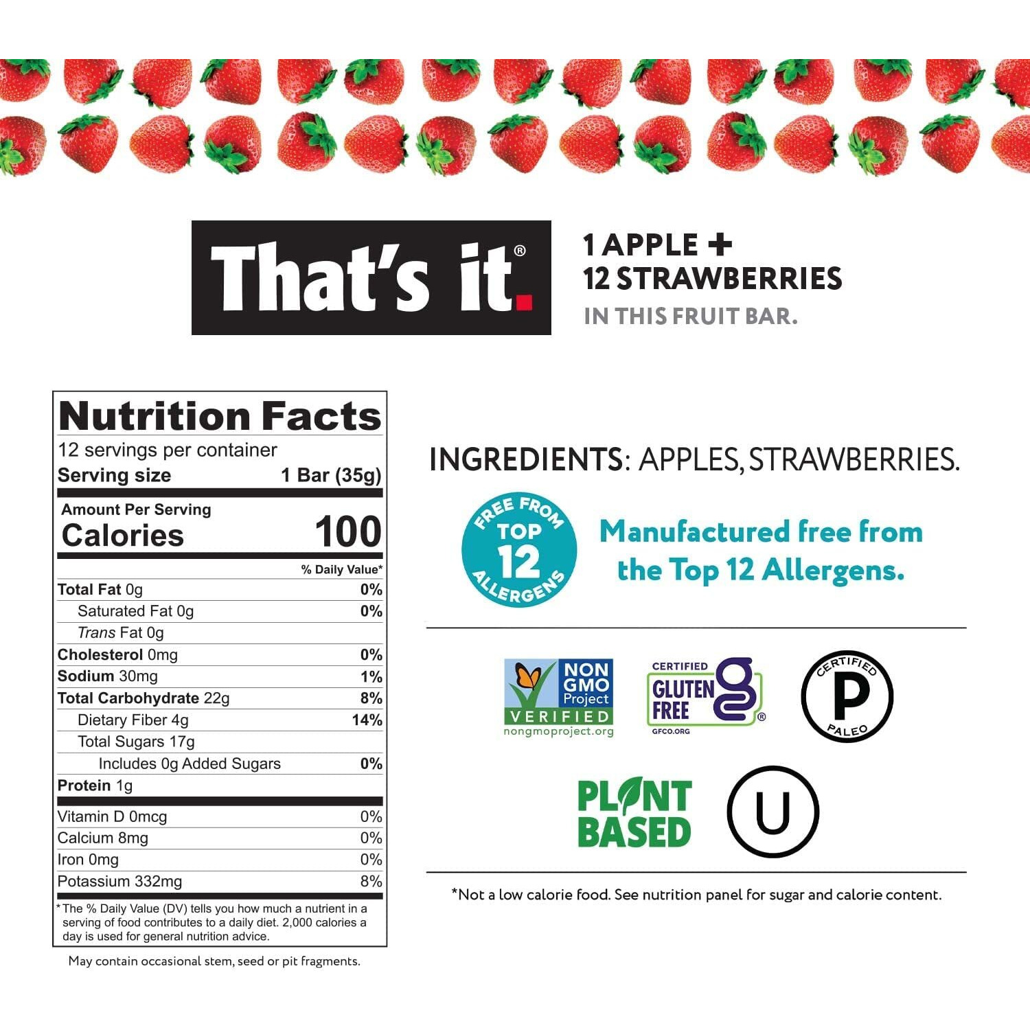 That's It. Apple + Strawberry 100% Natural Real Fruit Bar, Best High Fiber Vegan, Gluten Free Healthy Snack, Paleo For Children & Adults, Non Gmo No Sugar Added, No Preservatives Energy Food (12 Pack)